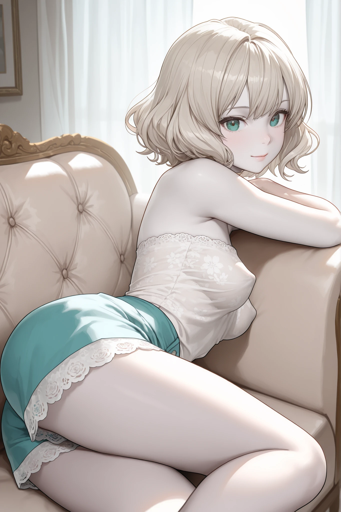 A young girl with curly blonde hair, violet eyes, pale skin, pink lips, lying on the couch, wearing a white tank top, a lace thong, and white knee-high stockings, with a good view of her butt.