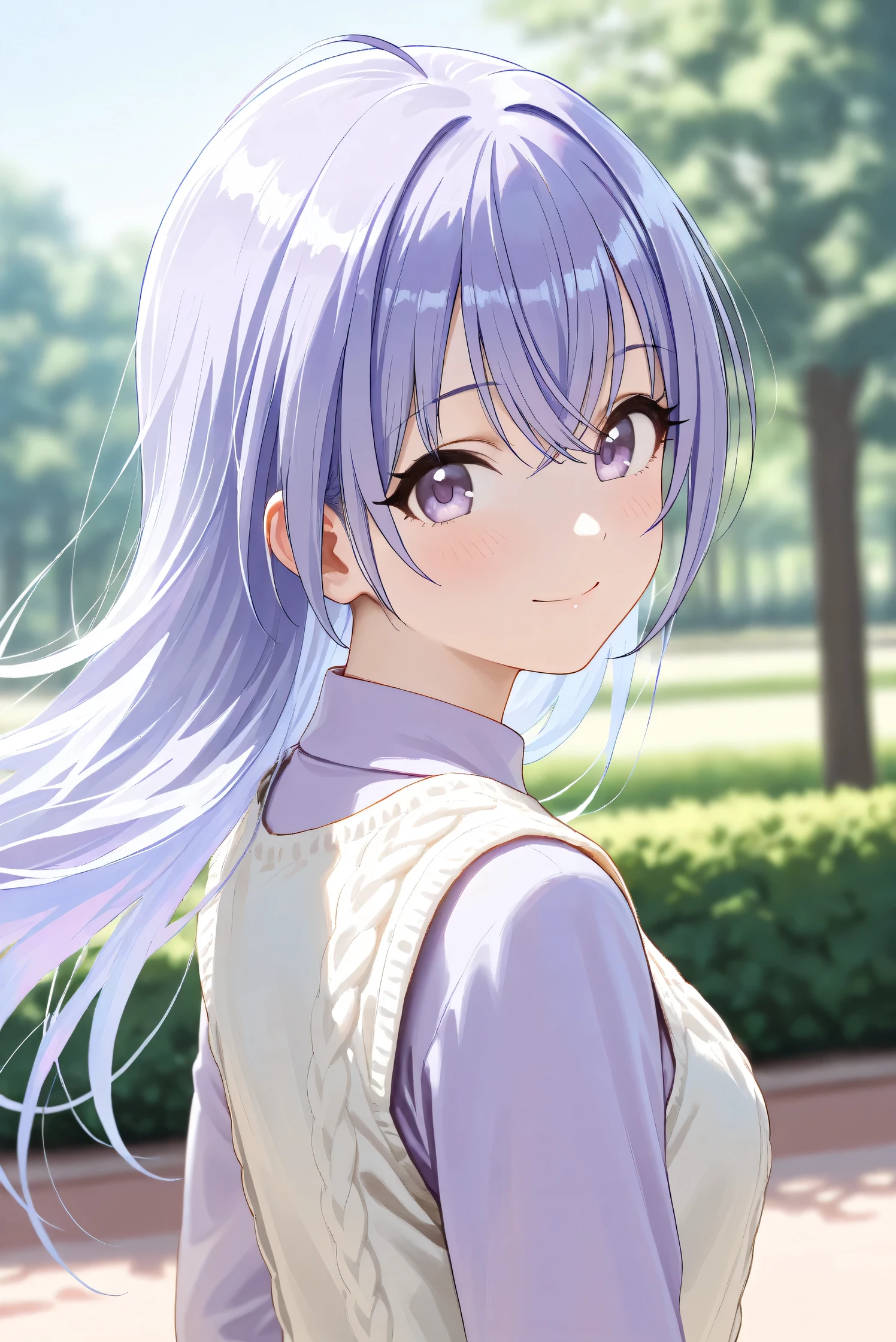 (Masterpiece), (Highest quality), (Very detailed), 
(The best shape), (Best Shadow), (Absurd), 
(Detailed background), (So beautiful), Shiny , 
Extraordinary, Countershading, 8k, 32K, High resolution, Beautiful eyes in every detail,
Very Detailed CG, UHD,

Score_9, Score_8_up, Score_7_up, Source_anime, 
(Pastel painting:1.2), (Watercolor painting:1.2),
(Masterpiece, Detailed:1.2), (Foreshortening:1.2),

Cinematic, Dramatic, (Depth of field:1.4),
(Blurry background:1.4), (Realistic background:1.4),
(Foreshortening:1.3),Dynamic angle, 1 girl,
Outdoor, Nature, Park, Wind,

Suzuki Hana,
The idolmaster shiny colors,
hana suzuki, purple hair, purple eyes, long hair,

(Casual wear:1.3),
vest, white vest, Wool knit vest,
(High neck shirt:1.1), light purple shirt, long sleeves shirt,

portrait, Focus on face, close up shot,
(Blush:1.3), smile, happy,
looking at viewer, looking back,
Realistic skin, Shiny skin,