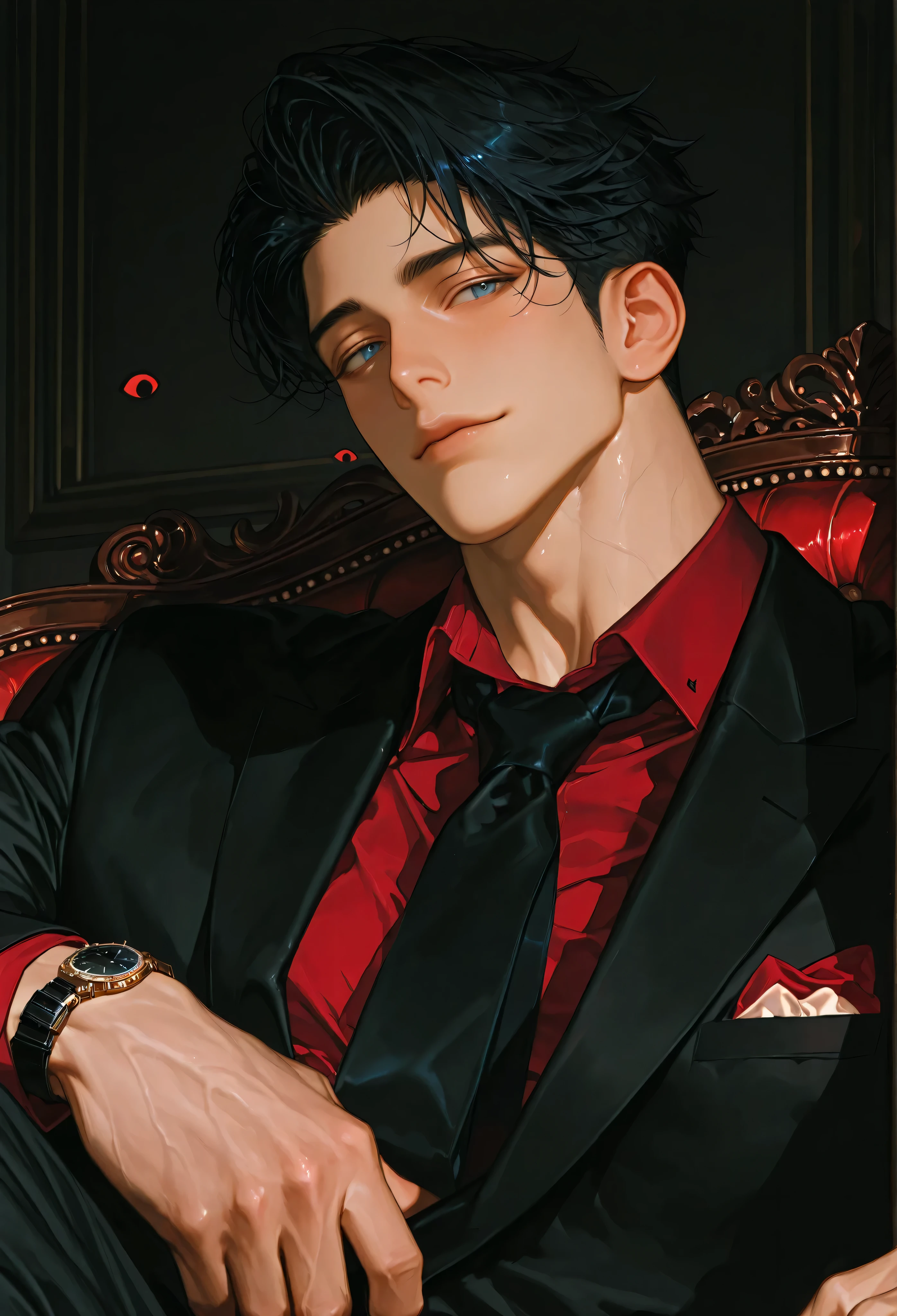 8k, beautiful masterpiece, 1 man, 32 years old male, mature, handsome, 187cm, Italian, cold expression, alone, muscular, pectoral muscles, close, Focus on face, black suit with a red shirt and matching pocket square, black tie added, jet black hair, Short hair, his hairstyle is sleek and straight, with dark, glossy appearance. Blue eyes, he wears a stylish wristwatch on his left wrist, the man is sitting in a relaxed pose, male-centered, thick paint, perfect eye shape, bulging eyes, perfect eyes, semi-realistic art, semi-realistic art style, looking straight ahead, top quality, amazing quality, exquisite details, highly detailed, mature, The lighting emphasizes the sharp contrast of red and black tones, creating a dramatic atmosphere. The background is bold red, highlighting the atmosphere of the intense and focused image.