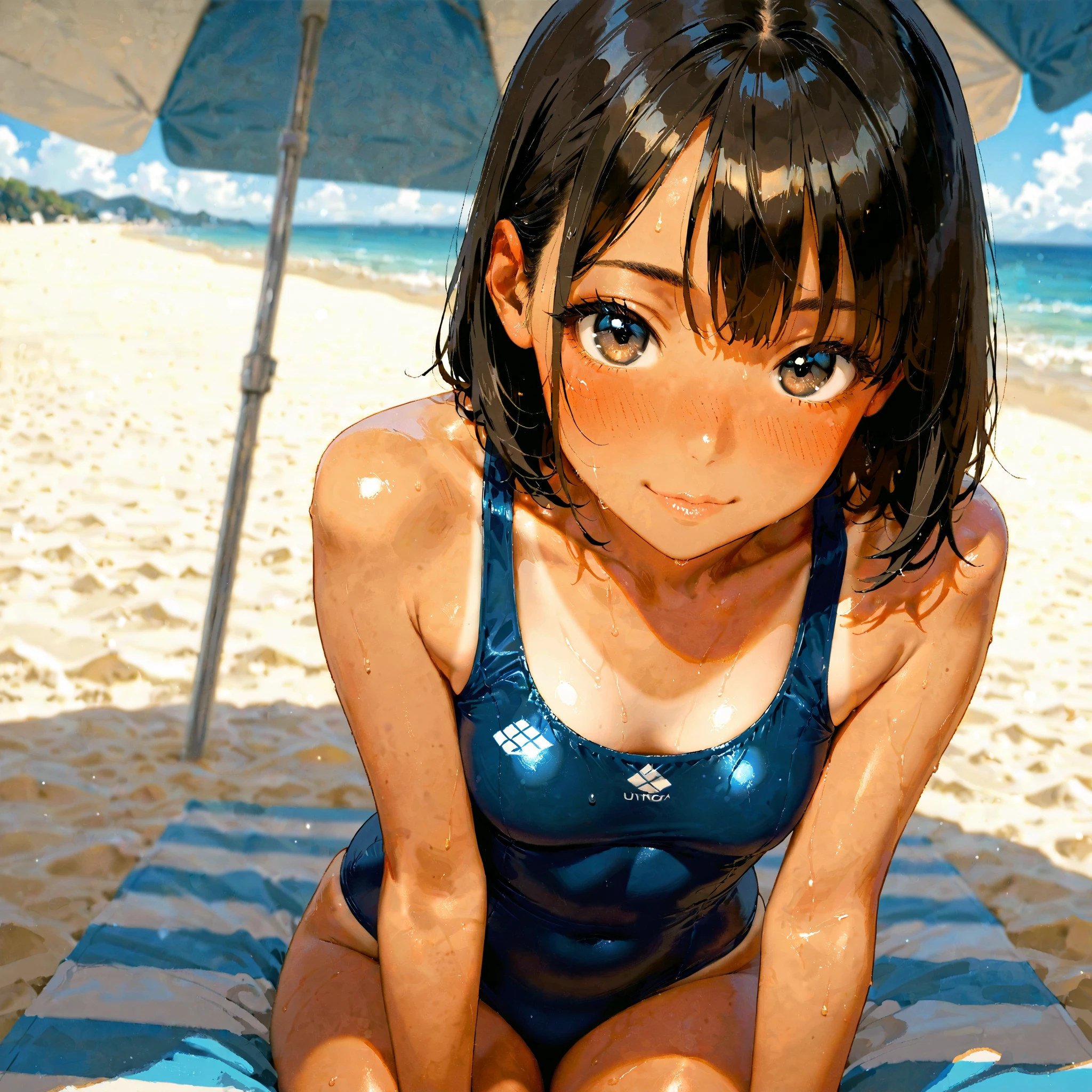 (high quality, High resolution, Very detailed, reality:1.37), Peaceful atmosphere, (Sandy Beach), Teenage girl standing alone, (my breasts are big.), Beautiful details, Cute Smile, (Black bob hair), Swimwear, barefoot.