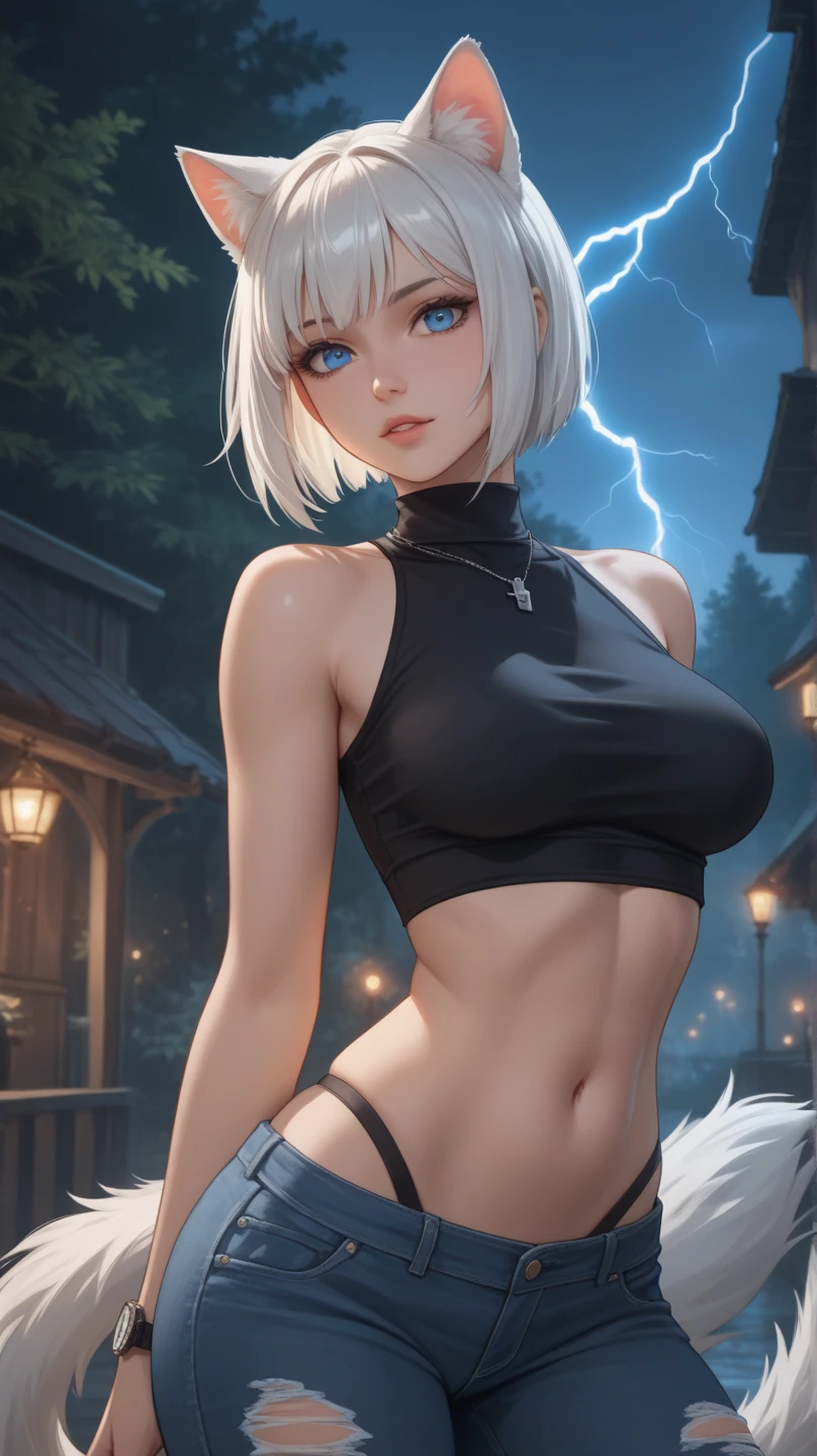 Wolf girl , bangs, short hair, blue eyes, hair between eyes, hair ribbon, hairband, white hair, white ribbon, blank panties,gigantic_breasts,curvy hips, outdoors,cute,lockerroom,wide hips,,smile,white sports bra, blue gym pants,tight pants,sitting,huge_boobs  --auto --s2