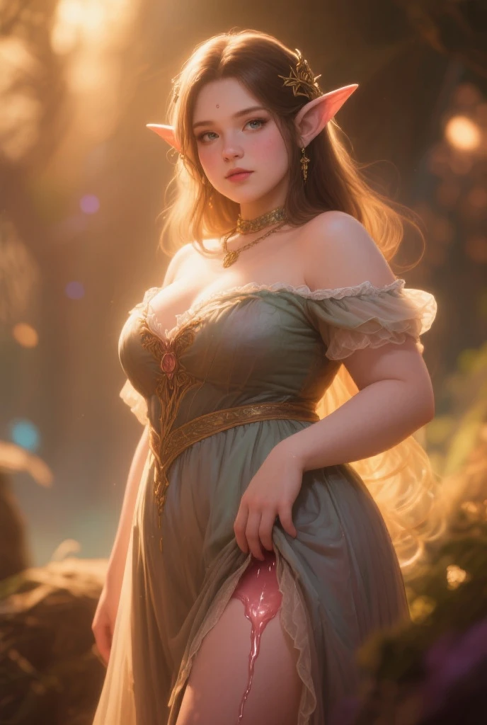 Alexandra Daddario as an elf, close-up professional photo, (head shot:1.1), (overhead view:0.9), (angled view:0.9), (lantern:0.9), (pointy ears:0.9), (nighttime:1.2), (night:1.2), (two moons:0.75), fireflies, on a balcony, moss-covered handrails, (tree house:0.9), intricate gown, JRR Tolkein, middle earth, (ancient magical forest:1.1), (mist:1.1), distant mountains, (big giant colossal massive enormous huge gigantic breasts:1.4), (oppai proportion:1.4), (top heavy:1.4), (long golden hair:1.4), very wavy hair, hair ribbons, (opal crown:0.9), (shooting star:0.75), (northern lights:0.75)