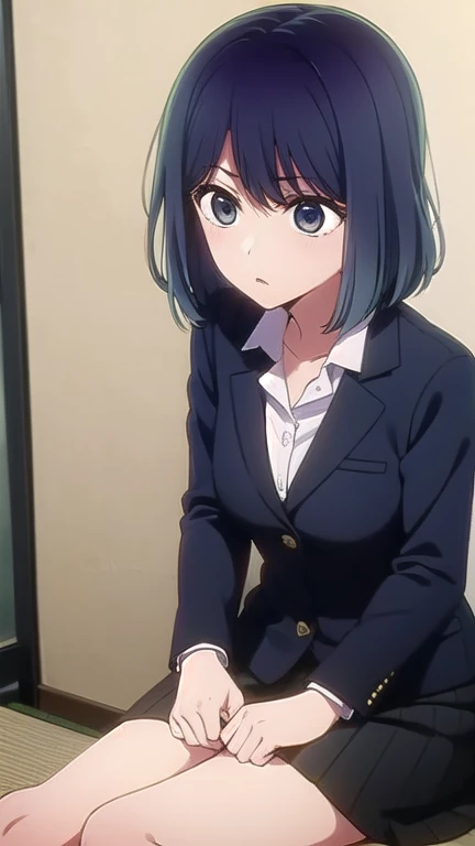 Beautiful lighting, One Girl, solo, Akane, White shirt, (((skirt))),Sweater vest, Black vest, Blue tie, ((Anime Style))、((2D))、Laughter、Open your mouth、Look forward,((Cotton panties with crotch)),(((skirtめくり, I can see your pants))),squat,From below,squat,squat,