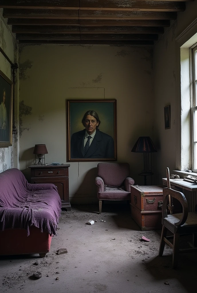 A poor room with simple walls and ceiling, a small window, drapery, a plaster bust of Socrates, a narrow, old bed, a shelf with books,  a carpet and small paintings with chemical formulas and classical composers.