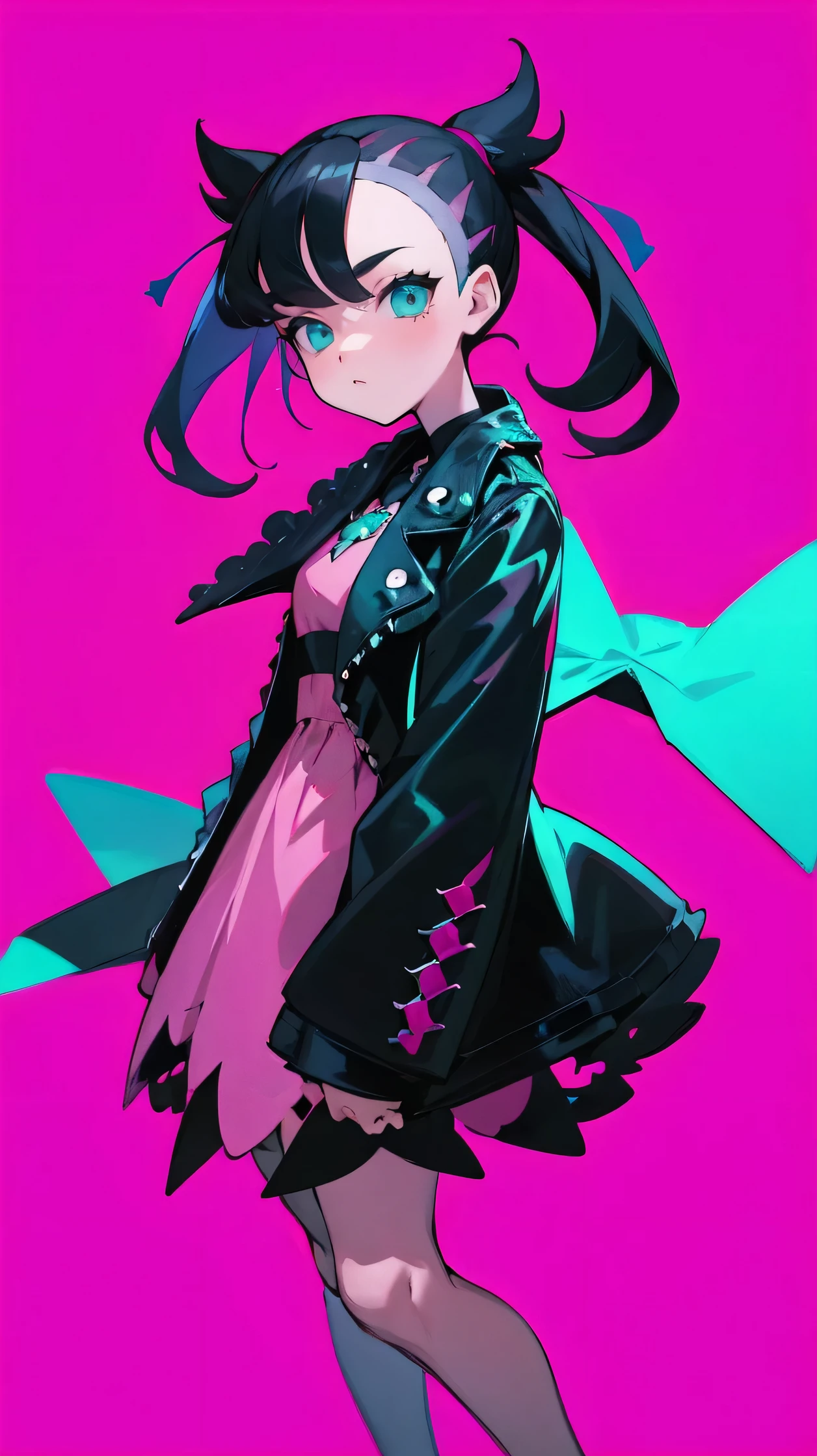 solo, 1 girl, high quality, perfect face, turquoise eyes, (marnie), black jacket, black hair, HDR, simple bacground, pink background, assymetrical bangs, full body, pink dress