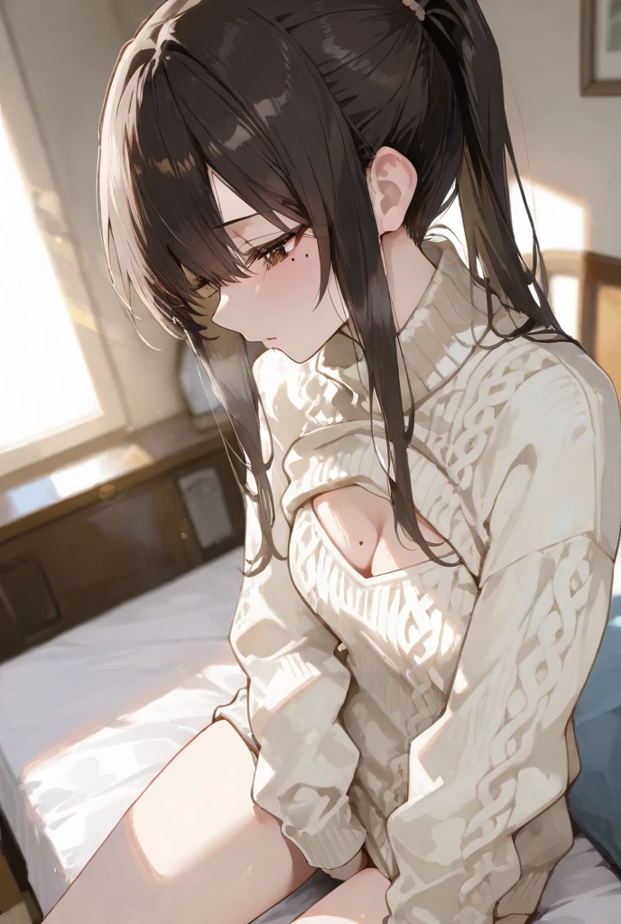 ((best quality)), ((masterpiece)), (detailed), perfect face, teenl, (((topless))), (((white pyjama shorts))), ((embarrassed:1.5)), ((blushing:1.2)), skinny waist, skinny thighs, braid, loungeroom with couch, (((arms behind head))), (((brown hair)))