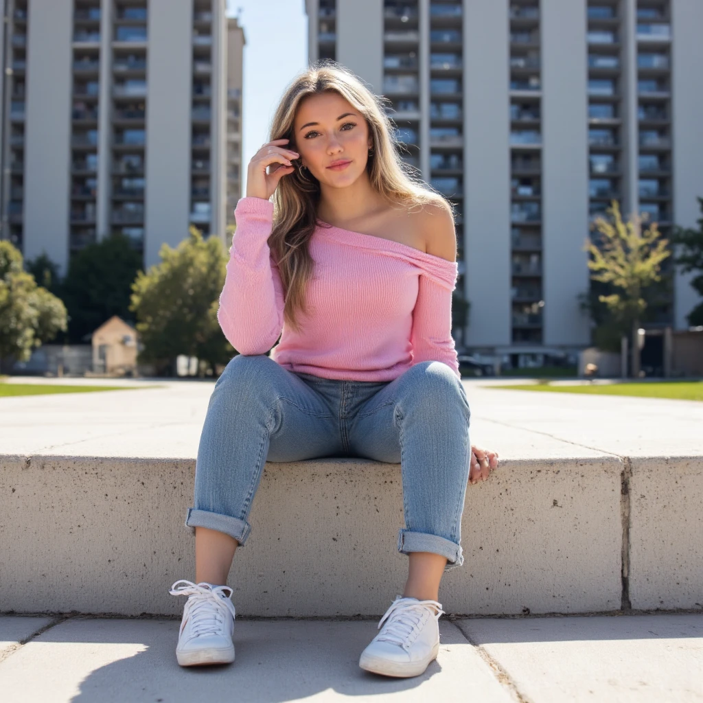 mulher, americana, 25 anos, pale skin and freckles, olhos cinzas, nariz delicado, soft and delicate lips, longo, cabelo blondie longo e ondulado na altura da cintura, sorriso meigo, face with delicate feminine facial features, altamente renderizado