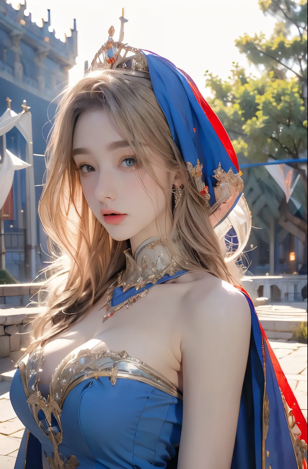 (masterpiece: 1.2, portrait, best quality), realistic, (real picture, complex details, depth of field), best quality, masterpiece, high detail, semi-realistic, 1 girl, shy, 18 years old, short blonde hair, left hairy eyes, Blue eyes, royal clothes, red cape, slim figure, ride a white horse