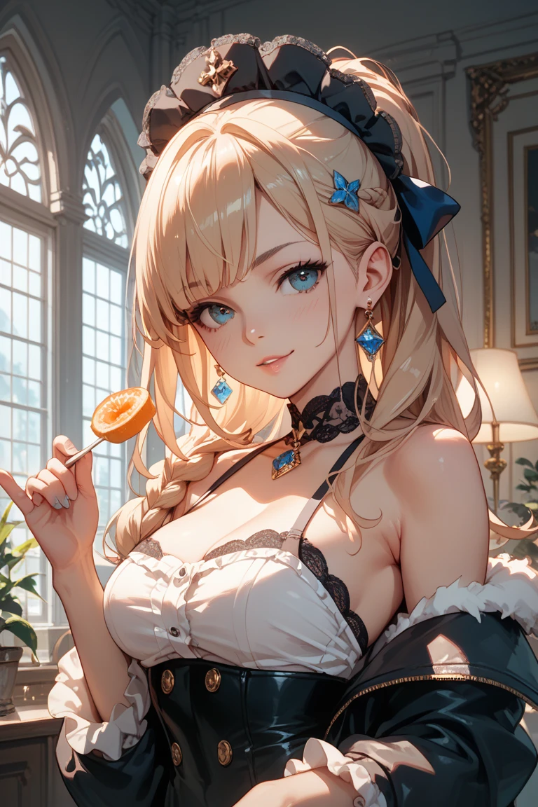 a woman is cleaning her house, wearing sexy maid dress, good hand, high-res, masterpiece, best quality, head, finely detailed skin, sharp focus, (cinematic lighting), soft lighting, dynamic angle, medium breasts, (((inside mansion))), junko enoshima, blonde long hair, 1girl, twintails, solo, breasts, blue eyes, cleavage, collarbone, large breasts, bangs, bow, bear hair ornament, nail polish, red nails, red bow