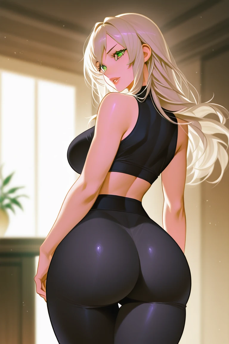 Best quality, solo mature woman, giant breasts, giant ass, very curvy, blonde styled hair, Mavuelous pink eyes, full lips, seductive, ribbon in hair, choker, sexy fishnet bodysuit, silver hoops, thick thighs, curvy physique