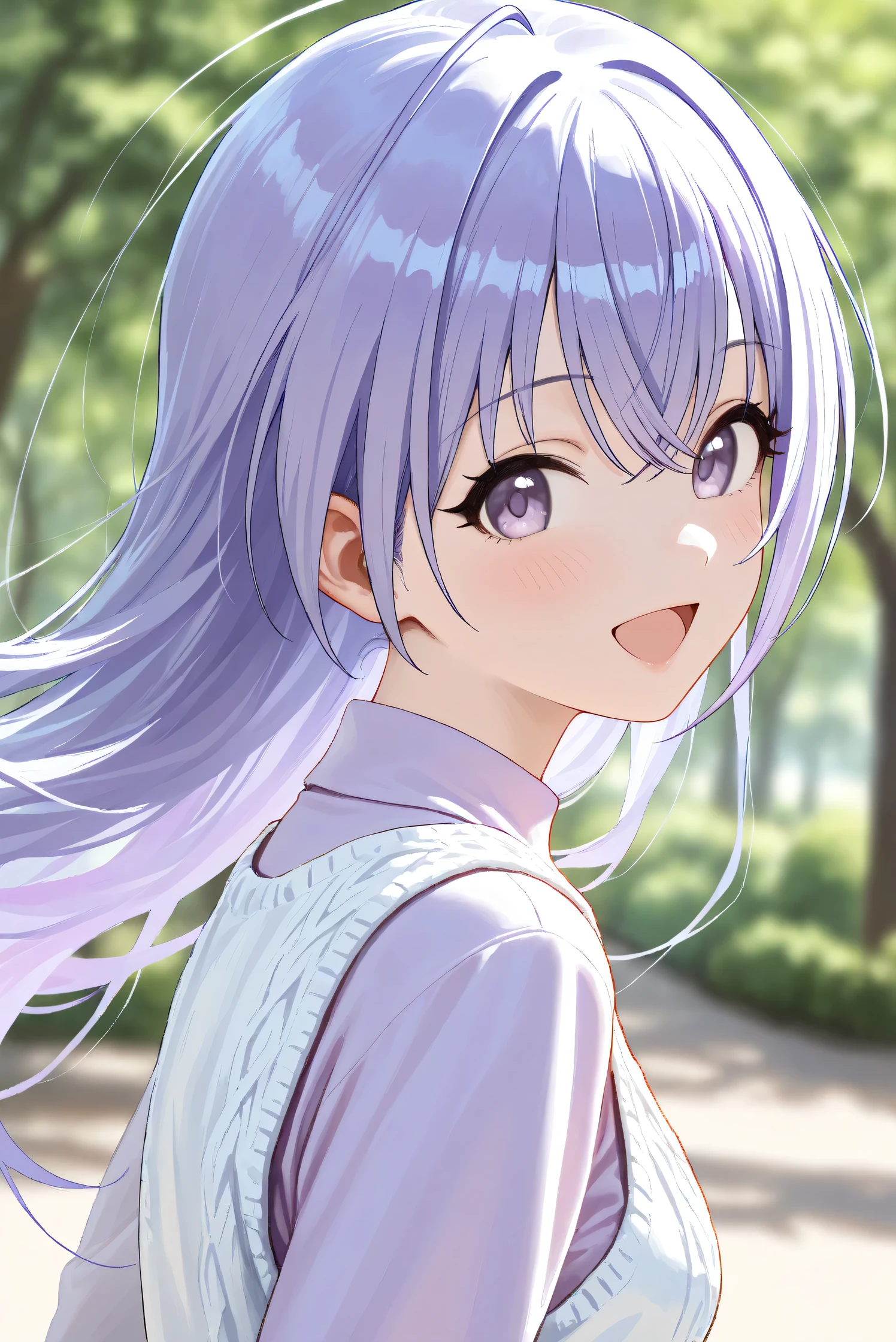 (Masterpiece), (Highest quality), (Very detailed),
(The best shape), (Best Shadow), (Absurd),
(Detailed background), (So beautiful), Shiny ,
Extraordinary, Countershading, 8k, 32K, High resolution, Beautiful eyes in every detail,
Very Detailed CG, UHD,
Score_9, Score_8_up, Score_7_up, Source_anime,
(Pastel painting:1.2), (Watercolor painting:1.2),
(Masterpiece, Detailed:1.2), (Foreshortening:1.2),
Cinematic, Dramatic, (Depth of field:1.4),
(Blurry background:1.4), (Realistic background:1.4),
(Foreshortening:1.3),Dynamic angle, 1 girl,
Outdoor, Nature, Park, Wind,
Suzuki Hana,
The idolmaster shiny colors,
hana suzuki, purple hair, purple eyes, long hair,
(Casual wear:1.3),
vest, white vest, Wool knit vest,
(High neck shirt:1.1), light purple shirt, long sleeves shirt,
portrait, Focus on face, close up shot,
(Blush:1.3), smile, happy, open mouth,
talking to viewer,
looking at viewer, looking back,
Realistic skin, Shiny skin,