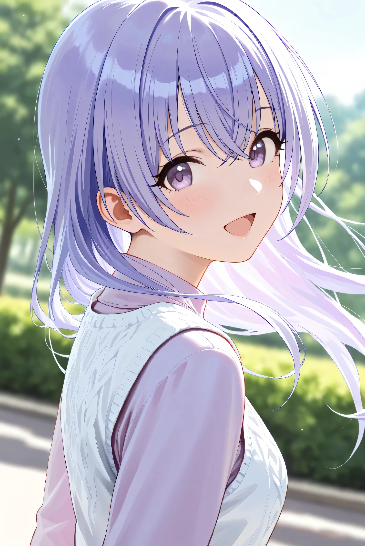 (Masterpiece), (Highest quality), (Very detailed),
(The best shape), (Best Shadow), (Absurd),
(Detailed background), (So beautiful), Shiny ,
Extraordinary, Countershading, 8k, 32K, High resolution, Beautiful eyes in every detail,
Very Detailed CG, UHD,
Score_9, Score_8_up, Score_7_up, Source_anime,
(Pastel painting:1.2), (Watercolor painting:1.2),
(Masterpiece, Detailed:1.2), (Foreshortening:1.2),
Cinematic, Dramatic, (Depth of field:1.4),
(Blurry background:1.4), (Realistic background:1.4),
(Foreshortening:1.3),Dynamic angle, 1 girl,
Outdoor, Nature, Park, Wind,
Suzuki Hana,
The idolmaster shiny colors,
hana suzuki, purple hair, purple eyes, long hair,
(Casual wear:1.3),
vest, white vest, Wool knit vest,
(High neck shirt:1.1), light purple shirt, long sleeves shirt,
portrait, Focus on face, close up shot,
(Blush:1.3), smile, happy, open mouth,
talking to viewer,
looking at viewer, looking back,
Realistic skin, Shiny skin,