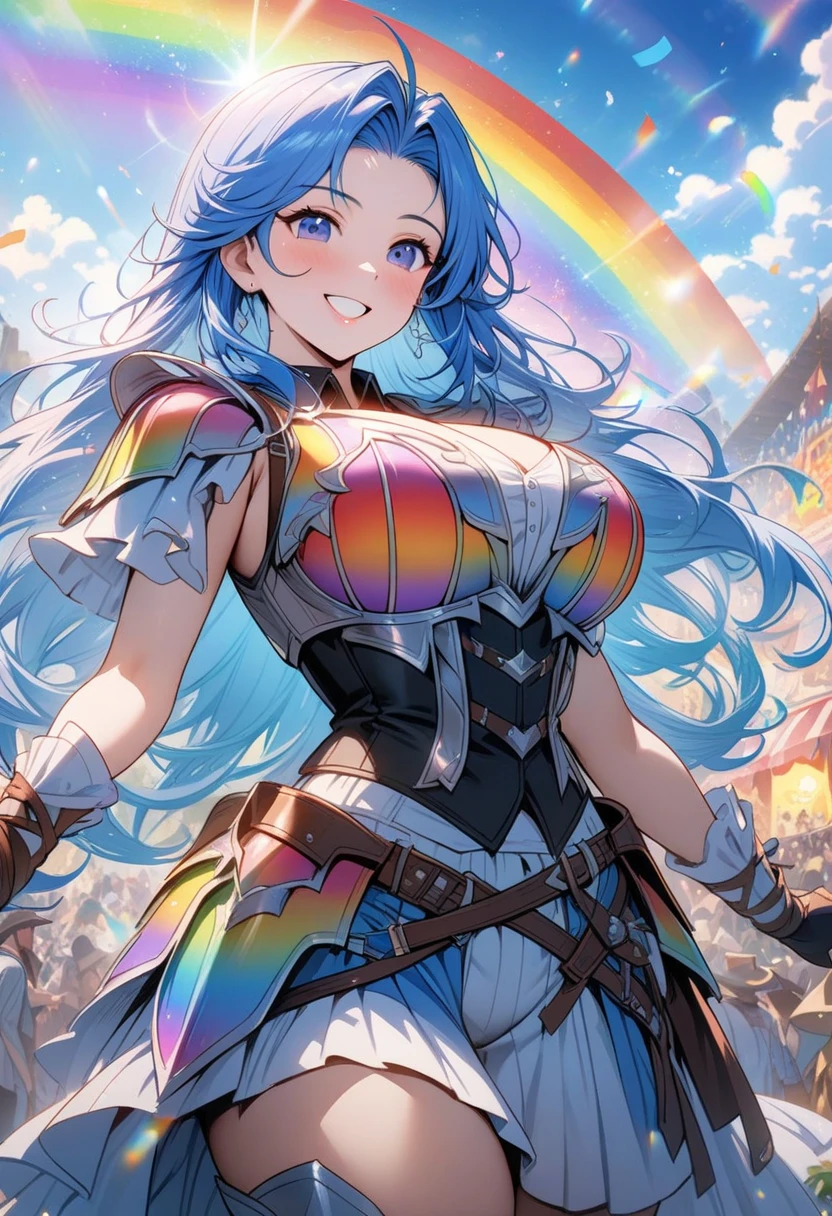 quality\(8K,Extremely detailed CG unit wallpaper, masterpiece,high resolution,top-quality,top-quality real texture skin,Surrealism,提high resolution,RAW photos,Best quality,Very detailed,,light,Ray Tracing,Golden Ratio\),Mechanical Girl,Doll girl,Glowing eyes,Doll eyes,matriarchal,braid,Long hair,bandeau outfit,Off-shoulder dress,Strapless dress style,cute,gentle,gentle,kindliness,Slender figure,Close-up above the waist,Big breasts,Big Tits,belt,机械belt,Tights,Tights,宝石belt,宝石belt,White skin,White underwear,袍子front swing,front swing,Gradient over-the-knee socks,Nude Apron,Rainbow gradient color,Gradient color arm guard,Rainbow gradient sleeves,Correct human anatomy,Correct human body structure,Correct palm structure
