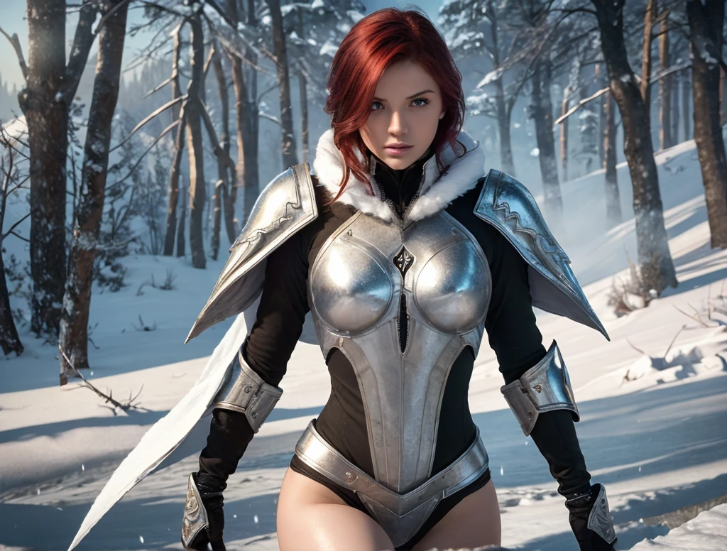 from above, full body shot, of one ultra hot gorgeous european woman, age 23, light auburn hair, she's a playmate, a men magazine model, in a winter white and grey ARMOR, holding weapons, as a futuristic cyberpunk warrior in a dystopian world. leaning forward, she compresses her breasts with her arms. Juxtapose the beauty with a harsh, survivalist snowy winter night environment with northern lights. Perfect ???????, Perfect eyes, perfect hands, perfect body, perfect hair, perfect breast, accurate, UHD, retina, masterpiece, anatomically correct, textured skin, super detail, high details, high quality, award winning, best quality, highres, 16k, 8k