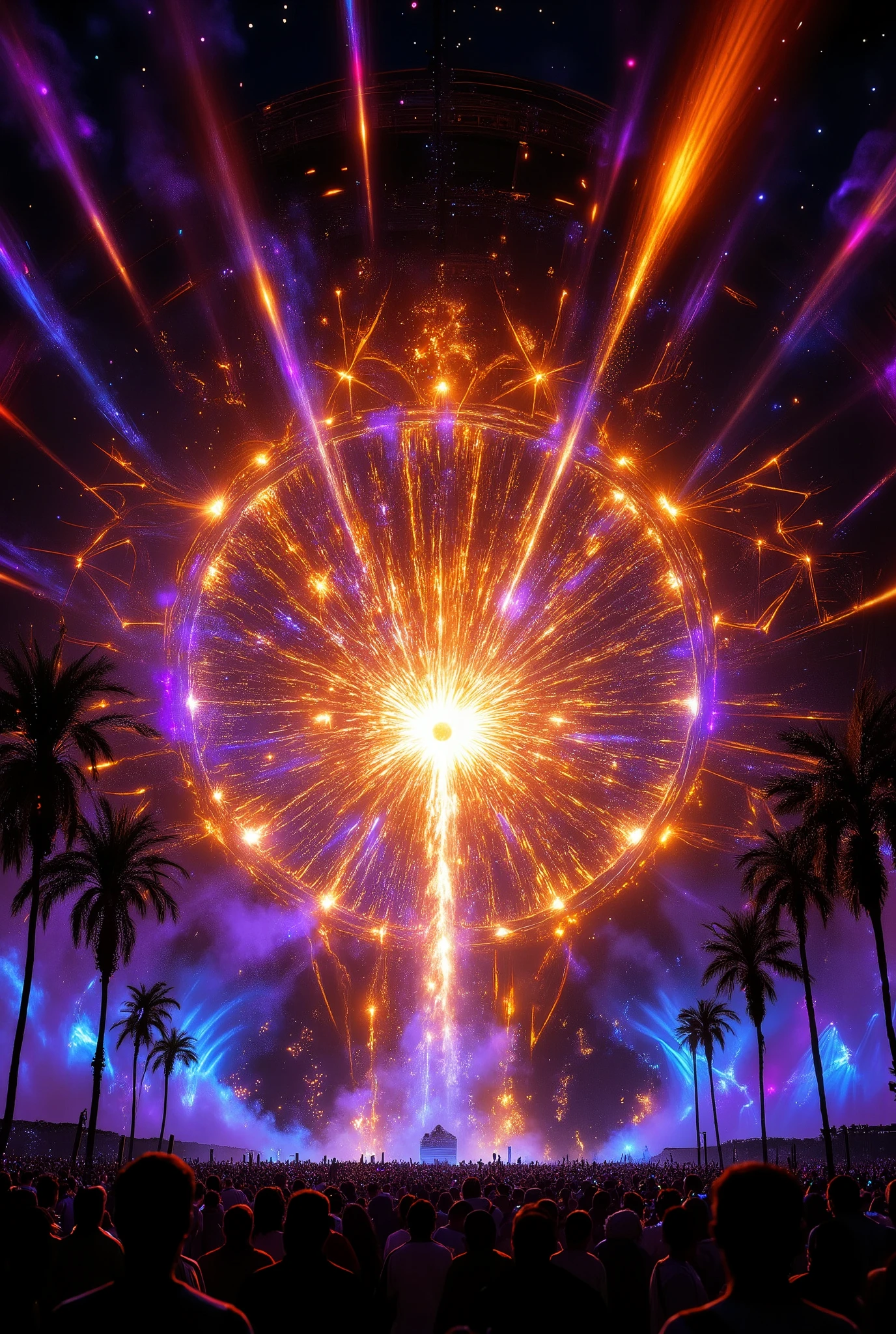 Inspired by Galactic Forge / Tropical Cyber / Firefly Laser / Sweat Crystallization / Doomsday Rose Fireworks
Multiplayer, Rock Festival, Rock Band, Electric Guitar, Drums, Microphone, Energetic Performance,
。 The scorching sun melts the gold stage, the giant geometric LED screen shatters into spots of light with the beat of electric music, and the fire-breathing device intertwines with dry ice, like a volcanic eruption crashing into the starry sky.
Fluorescent painted skin is steaming with sweat, tie-dyed yarn clothes are agitated with tropical storms, thousands of people hold up ice mist jets, and water splashes and neon paint rainbow explosion moments.
Coconut ice carts flow with electronic blue light, palm leaf projections sway on the ground into a cyber jungle, and fireworks pour from the stage dome to blast up shards of rose gold at the end of summer.
The neon laser network penetrates the summer night heatwave, the firefly drone swarm dances with the Milky Way, and the purple and orange gradient splashes ink in the sky, reflecting the crystal-textured aurora vortex.
70% futuristic psychedelic 30% primitive wildness - collide with the coldness of industrial metal with the heat of midsummer flesh and blood, and weld civilization and barbarism into the same carnival.