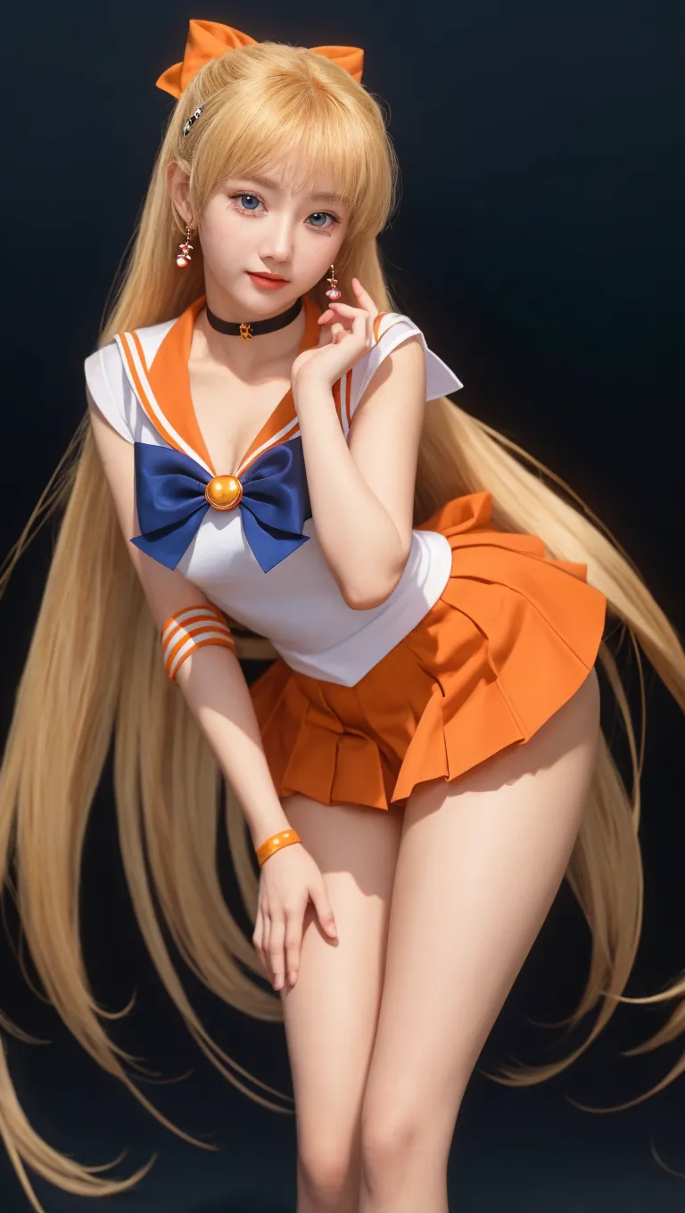 Create a highly detailed image of a character inspired by Sailor Venus from the Sailor Moon series. She is standing in an elegant pose, wearing her traditional sailor scout uniform which includes a white bodice with a large orange bow at the chest, a orange collar with white stripes, and a orange skirt. Instead of her usual white socks, she is wearing sleek, black stockings that accentuate her legs. Her long, flowing blonde hair is styled with a red bow on top. She has blue eyes, a confident smile, and her signature red bow earrings. The background is a vibrant night sky filled with twinkling stars and a crescent moon, capturing the magical and celestial essence of the series. The overall style should be dynamic and vibrant, capturing the action-packed and magical nature of the character.