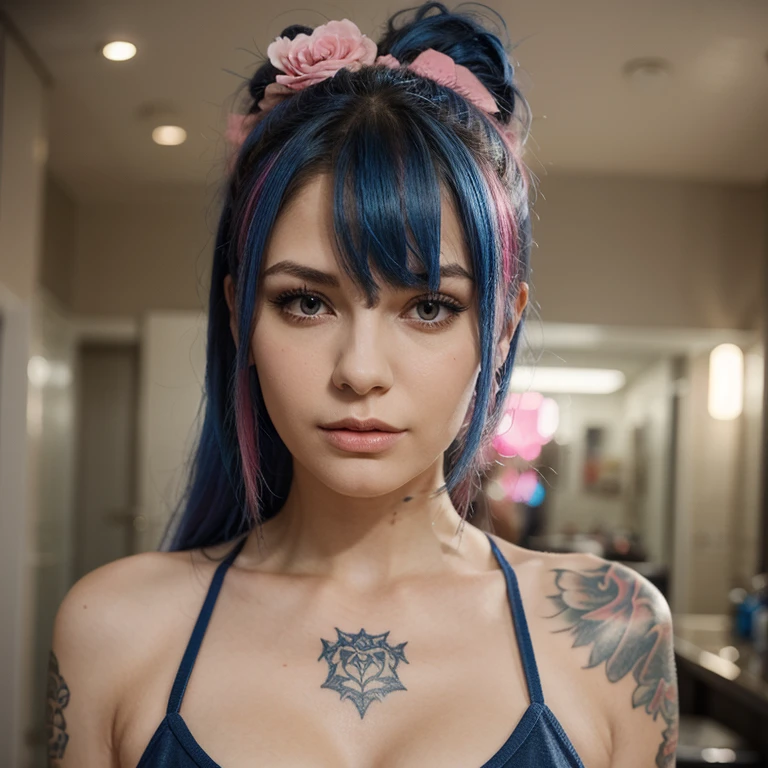 ultra high res,photorealistic,best quality, high angle, solo, 1gyaru, tan, (yellow eyes), blue eyes, (black hair:1.2), (blonde hair), (streaked hair:1.4), short hair, (pink) eye Shadow, ((blue lipstick)), black necklace, (heart earrings), (holding lipstick), black bikini, medium chest, purple nail polish, (rinbow background),