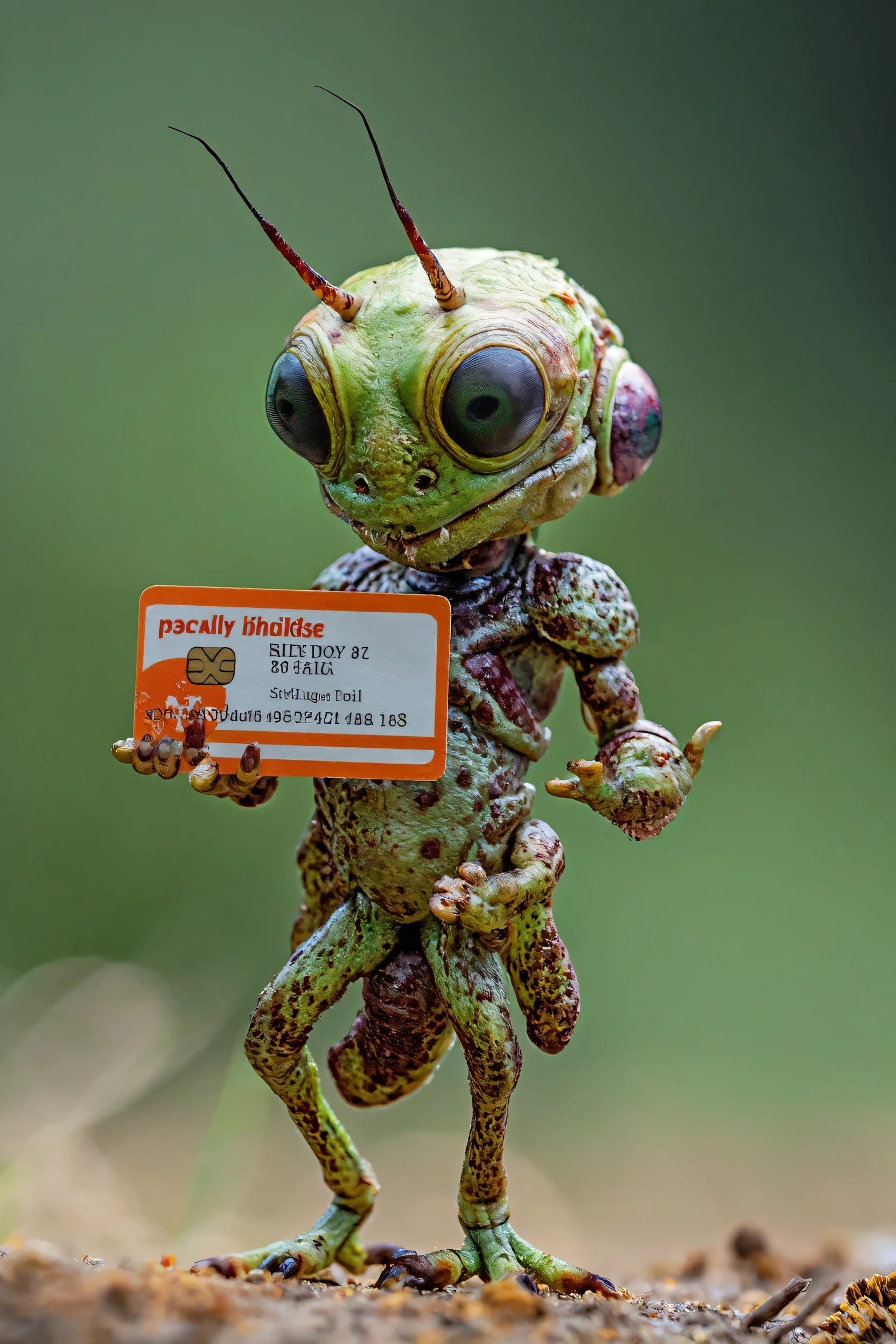 full body, small disgusting monster alien insect, holding one paying card, funny