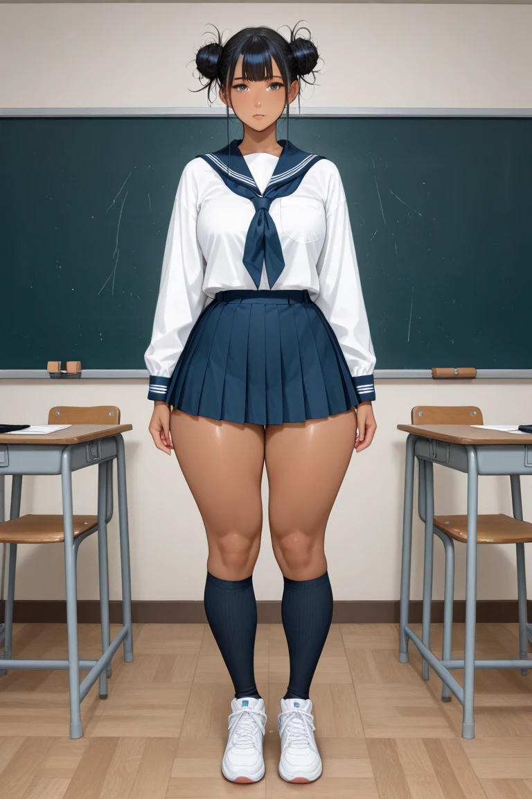 (1fille), dark-skinned_Female__avec_noir_dreadlocks, school_uniform, gros seins, leS yeux alignéS, Des yeux brillants, Corps voluptueux, peau en sueur, gros cul, ABS, skirt, NSFW
