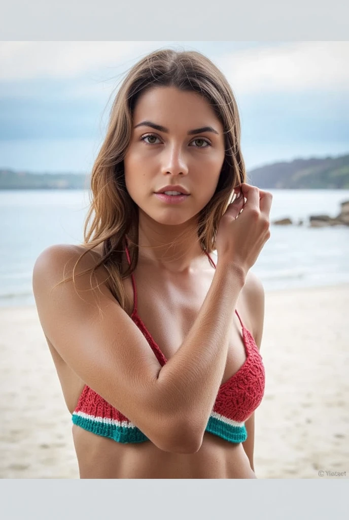 Linda mulher roqueira, usando minissaia e blusa decotada, red bikini, rosto bonito, corpo inteiro, maquiagem escura, frontal view, cabelos ruivos e pele muito branca.