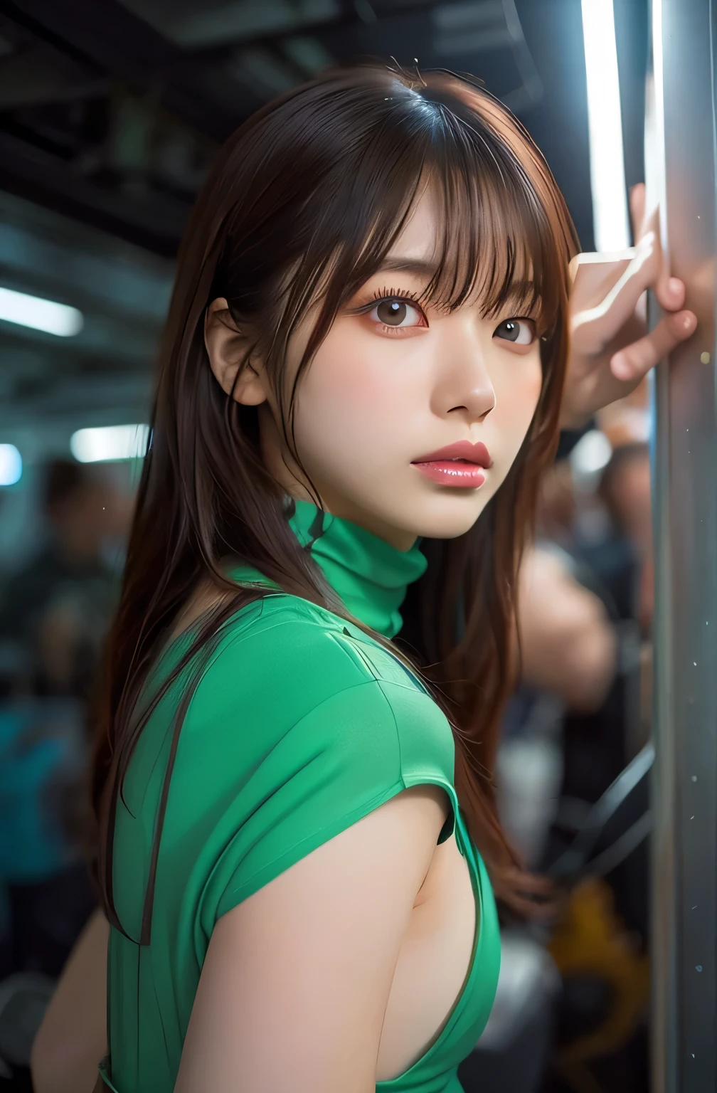 masterpiece)), ((best quality)), (ultra-detailed), ((kawaii)), cute, (lovely), ((extremely detailed)), 4K, (8K), best quality, (beautiful), dynamic angle, city, town, night, a cute girl, solo, beautiful turquoise green hair, (beautiful eyes), sailor suit,