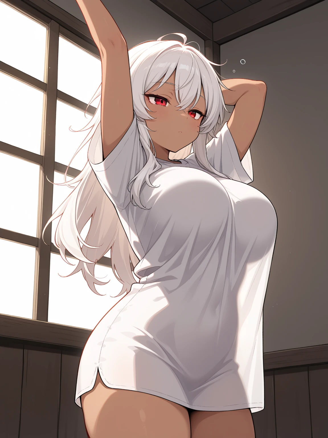 ((masterpiece)), (Highest quality), (Simple style), Silver-white hair, hyper-long, red eyes, string panties, unbuttoned kimono