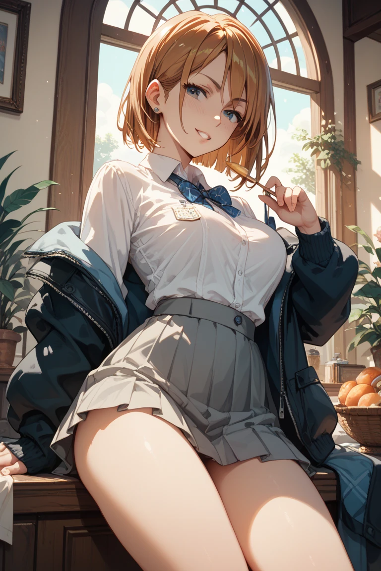 ((stand facing a table and hitting her crotch against the table corner))), skirt various patterned, blush, round face, eyes with realistic sizing, drooping eyes, blush, shame smile, spread legs, open mouth,