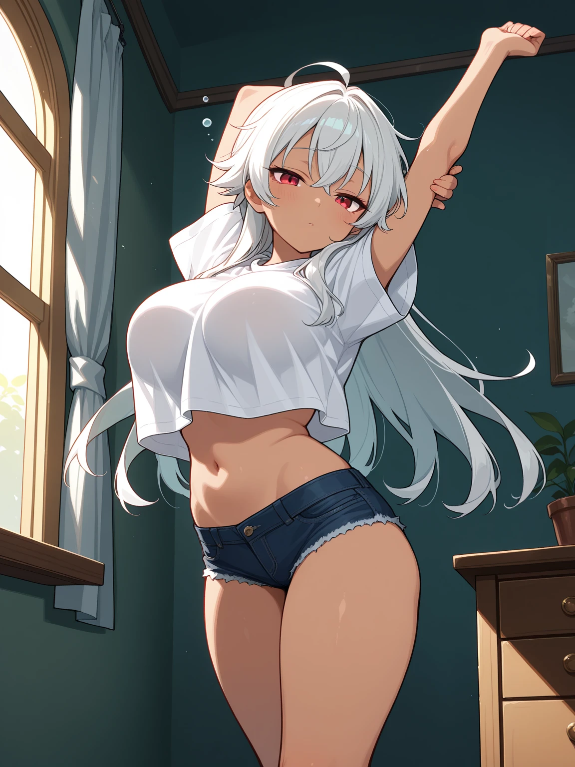 (masterpiece, highest quality:1.2), One girl, alone,Are standing_Split , Long Hair，Gold sleeveless short vest，Black Skirt, White panties,