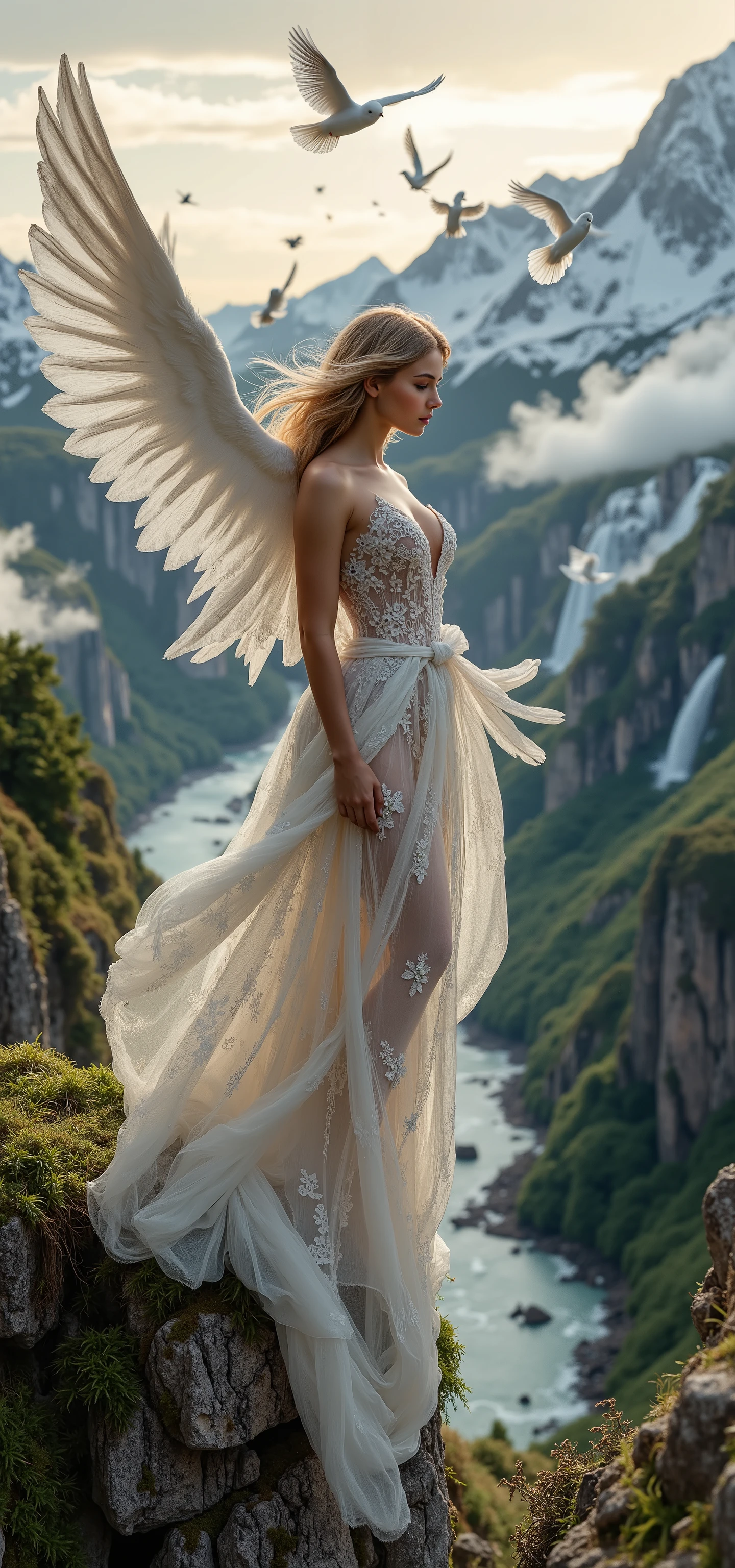 hdr, realism, background: in a long valley surrounded by mountains vegetation waterfalls river rocks trees plants. At the edge of a mountain top cliff is a beautiful supermodel long white blond angel (wearing transparent satin lace gown with intricate patterns:2), (hair and gown blown wildly in the wind:2), (flying alongside are hundreds of white doves:2), (full body view of the angel:2), (white feathered wings spread wide:2), flying, snowy mountains, waterfall, greenery, sunset, sea of cloud,