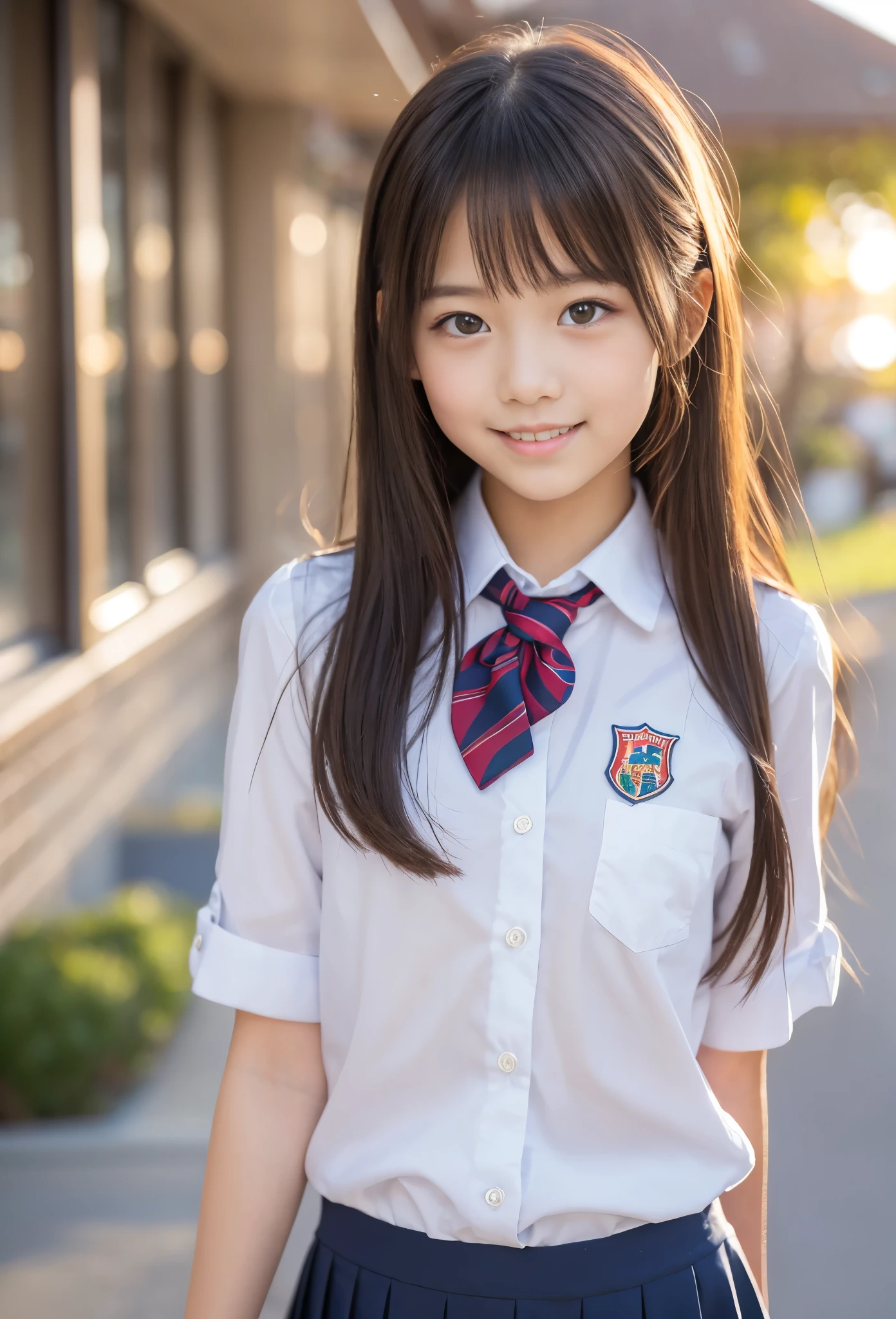 (Highest Quality,8K quality,masterpiece:1.3),(ultra high resolution,photorealistic:1.4,raw photos of Kao all),(ultra details,Caustics,Detailed Background),(Ultra Realistic Capture,beautiful detailed skin,Perfect Anatomy),In the sunset,Twilight Sky,School building,Schoolyard,18 years old, cute,single eyelid, black haired short bob ,school uniform,Look at the camera,smile,bust up shot,natural soft light