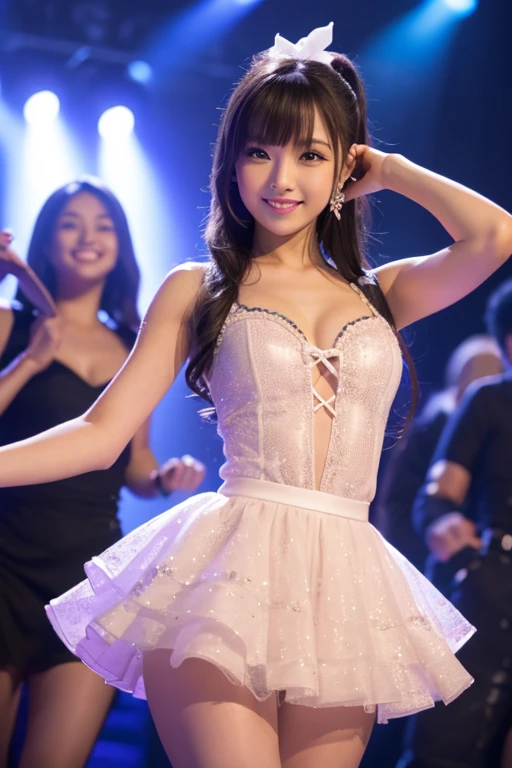 Realistic, Photorealistic, Masterpiece, Best Quality, One Girl, Solo, In the Stage, Stage Lighting, Stage Spotlight, Look At Audience, Smile, idol_singing_costume, (pureerosface_v1:0.8),Korean Idol,Nogizaka Idol,Actress,Gravure Idol