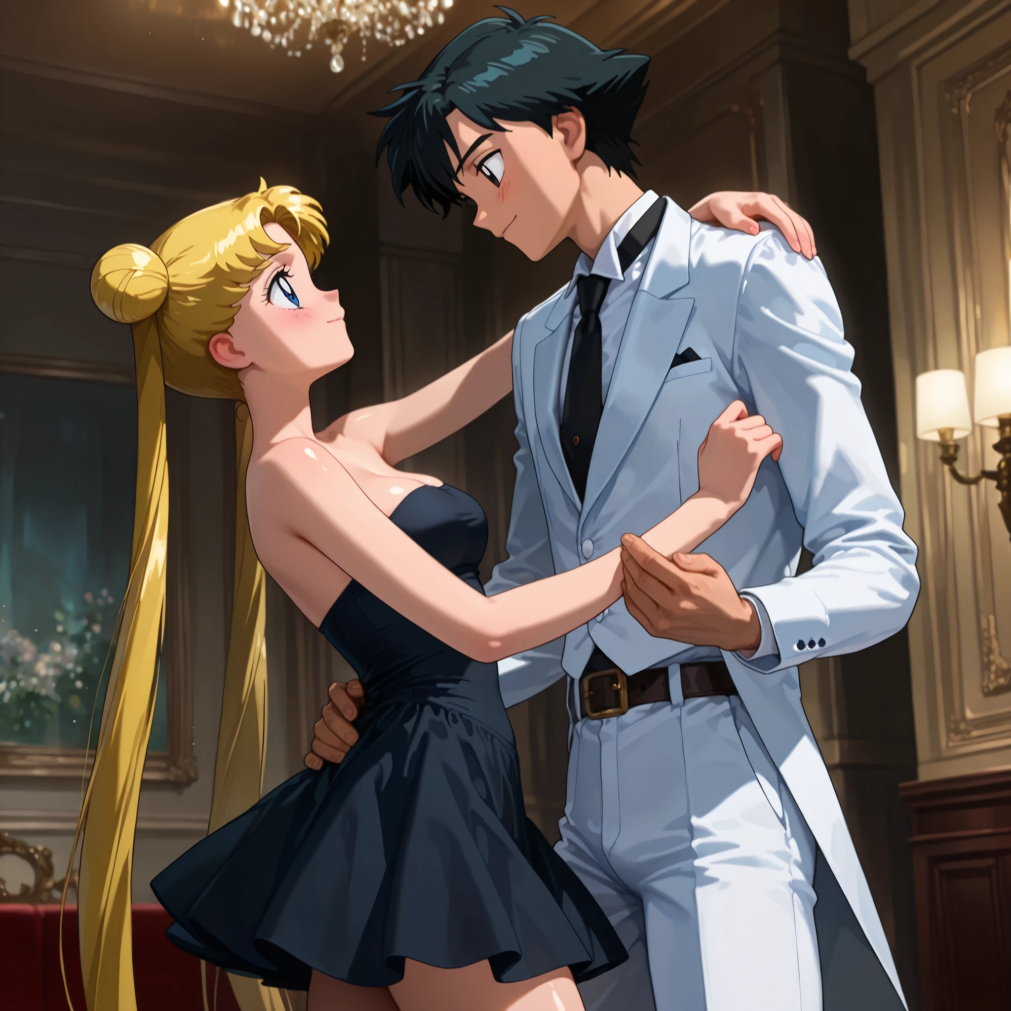 masterpiece, amazing quality, best quality, ultra-detailed, 8K, illustration, clear skin, ultra-detailed-eyes, soft skin, very awa, very as2, shiny skin, shiny hair, soft body, 90's style, official art, 1 girl, usagi tsukino, blue eyes, double bun, hair bun, long hair, twintails, parted bangs, 1boy, male focus, solo, black eyes, black hair, a white fancy suit, a black tie, belt, white pants, light smile, hand on another's waist BREAK blonde_hair, blue_eyes, 1girl, medium breasts, a strapless black tube dress, short black dress, light smile, hand on another's shoulder BREAK couple, facing each other, looking at each other, eye contact, blush, indoors, perfect anatomy, perfect hands, soft dance, ballroom dancing, from side, boy, girl, ballroom, standing, scenery, masterpiece, best quality, very aesthetic, holding hands, formal,