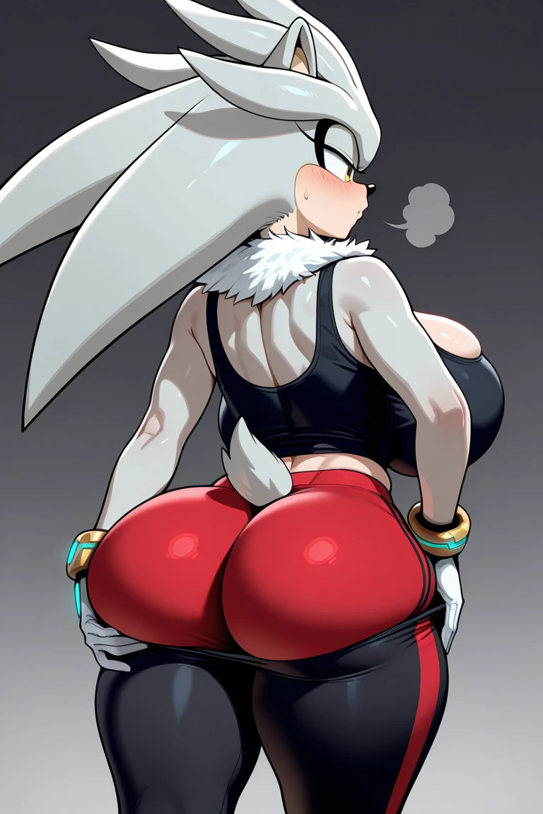 score_9, score_8_up, score_7_up, score_6_up, anime artstyle,
spot color, cinematic, atmospheric, soft cinematic light, dim colors, cheery photoshot, light, happy,
(view from below, ground level shot:1.2), looking down, 
smug, mobian from sonic, solo, marcoon-red eyes, long hair, hedgehog ears, Fog-gray skin, long hair, glowing hair, glowing gray hair, hair on shoulder,
Sticking out tongue, looking at viewer, 
big ass, medium breasts, 
shiny skin, oily skin, (Rear view: 1.1)
shaded face, glowing eyes, fleetway,
sitting on wall, thick thighs