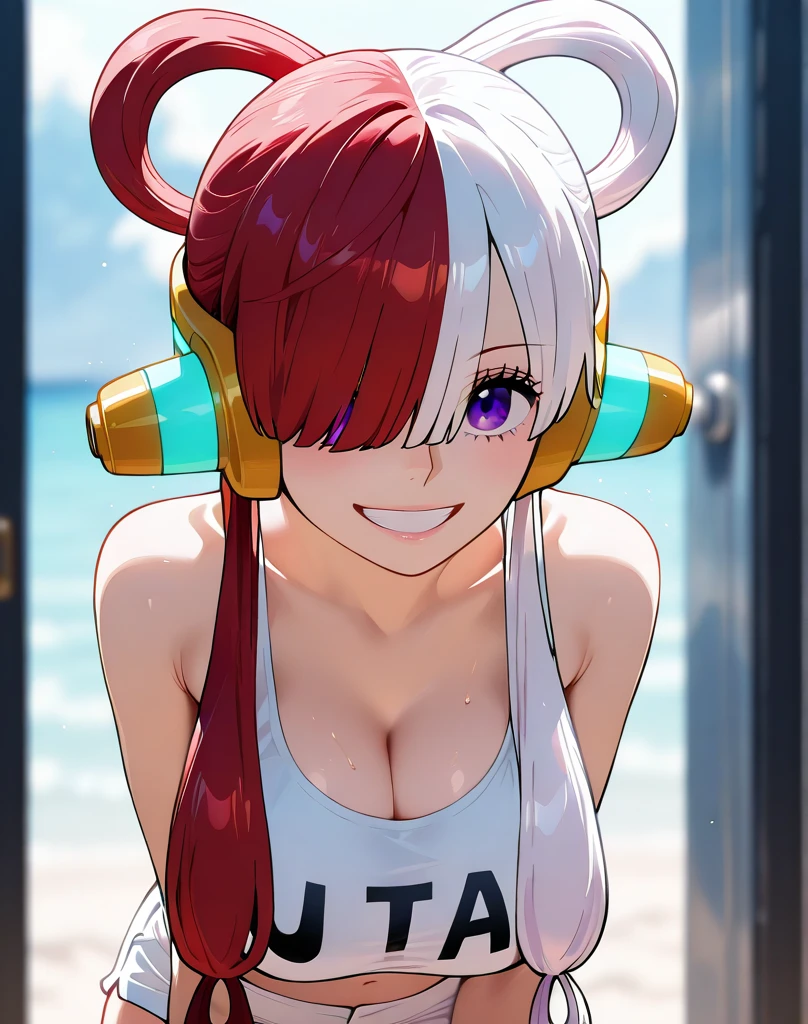 highest quality, 8K, Super detailed, photorealistic, one piece, Song, Red and white hair, (solo:1.3), (one girl:1.3), (White and pink bikini:1.3), Enlarge breasts, blush, smile, open your mouth, (claw pose:1.2), Super detailedな目, Super detailedな指, Super detailedな手