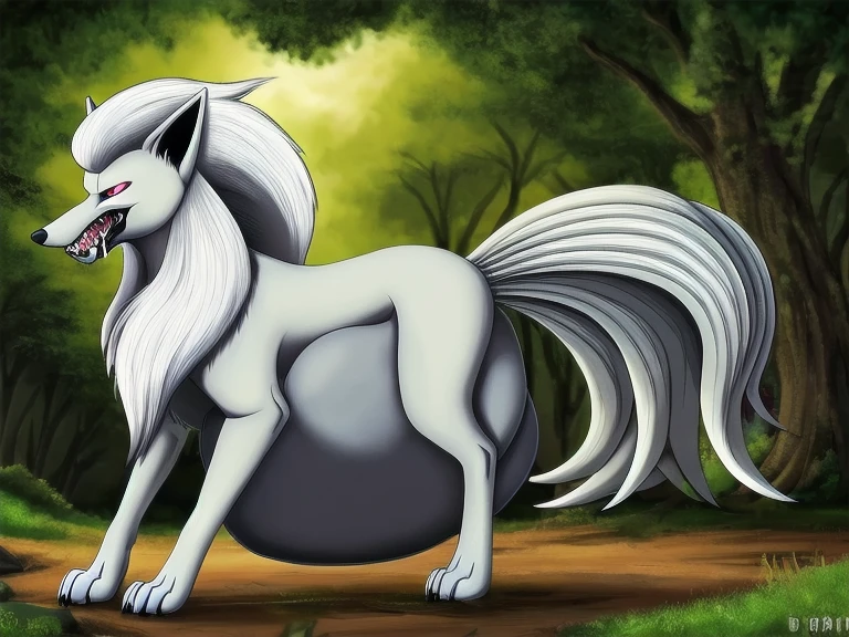 (((White fox with 9 tails)))), feral, canine penis, NSFW, Alolan Ninetales, low angle view