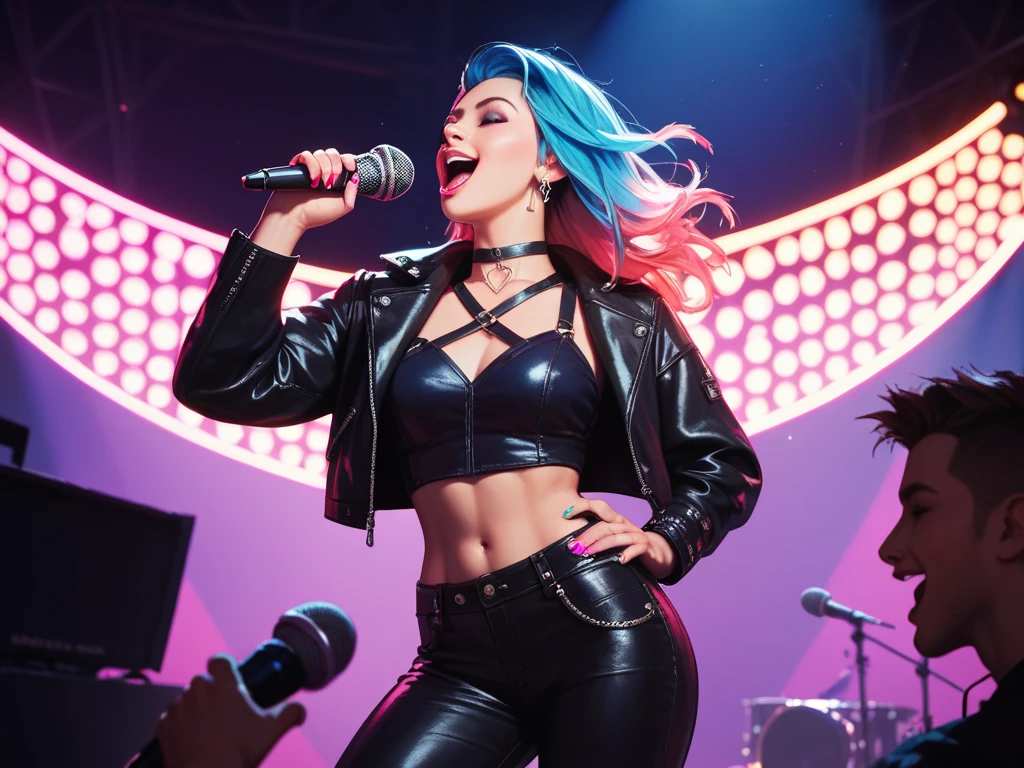 (Best quality,4K,8K,a high resolution,masterpiece:1.2),Super detailed,(valid,photovalid,photo-valid:1.37),Rockstar, Gothic rock, Female rock band "Besheniki", 3 adorable goth girls at the same time, gothic outfits (black and red colors ,Spacewalk,hysterical singing,Stage lighting,rebellious,glitch art,bright colors,energetic performance,Electric Atmosphere,Loud music,screaming fans,Huge speakers,Fiery explosion,dynamic poses,Smoke and fog effects,expressive face,rotating lights,Flash,dark background,Edgy style,wild hair,microphone stand,гитар sound distortion,Rock music,Celebrity,Electro guitar solo,huge concert stage,stand on stage,indulgent,Emotional intensity,Loud and heavy drumming,electric energy,Stage fireworks,Powerful vocal performance,The stadium is filled to capacity,thousands of enthusiastic fans, raging roaring crowd,Flash,Electric Atmosphere,sweaty and energetic performance,legendary figures,Acting,standing ovation