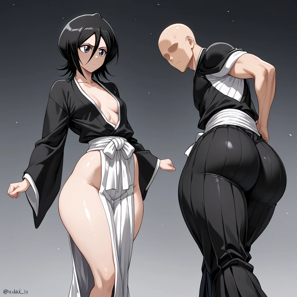 A ghost boy, femboy, gray skin, short black hair, totally black eyes, with thick thighs and a huge backside