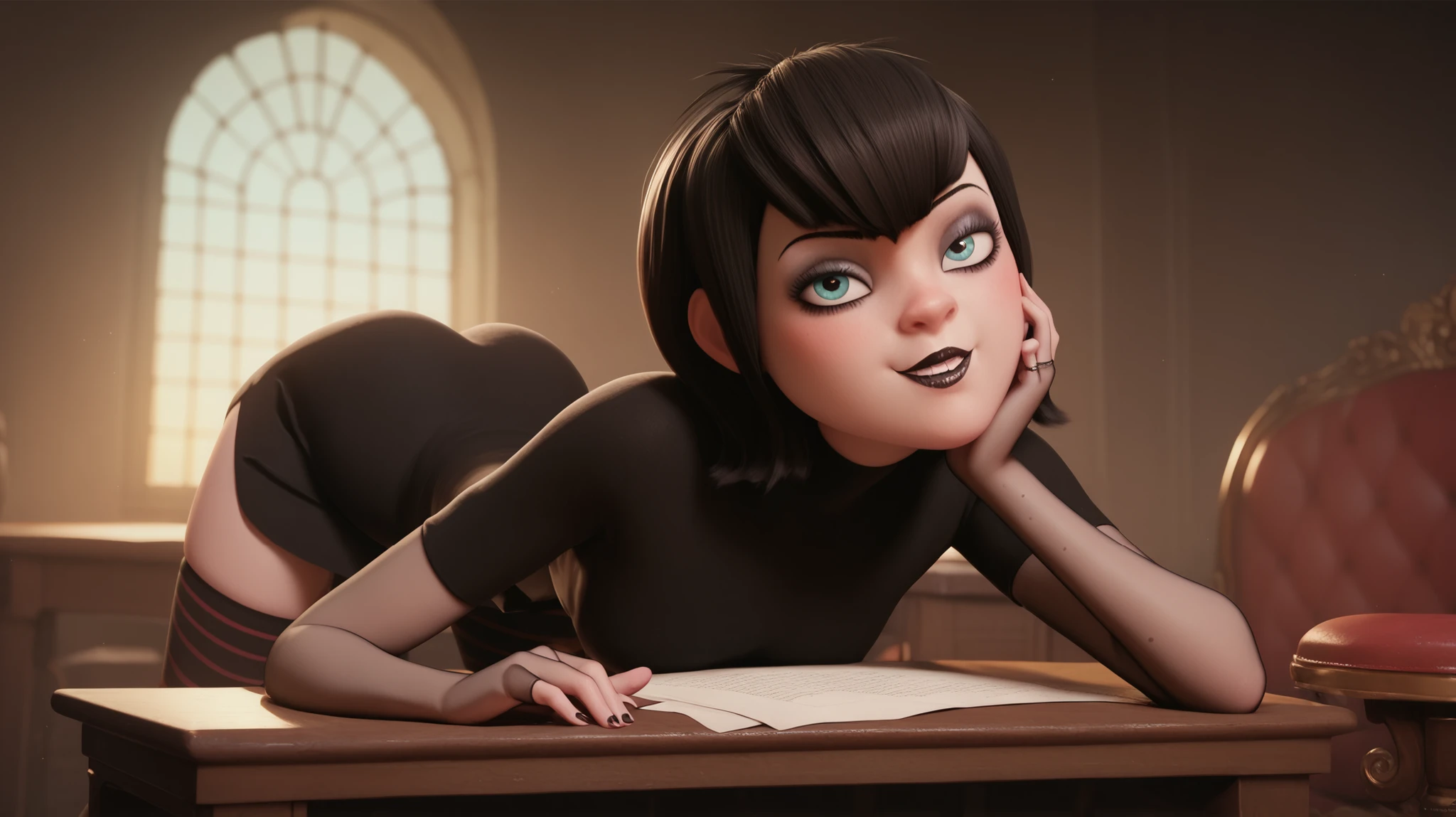 (((seductive expression))), Mavis Dracula, eyeshadow, makeup, full face, black dress, stockings, looking at viewer, bent over by desk