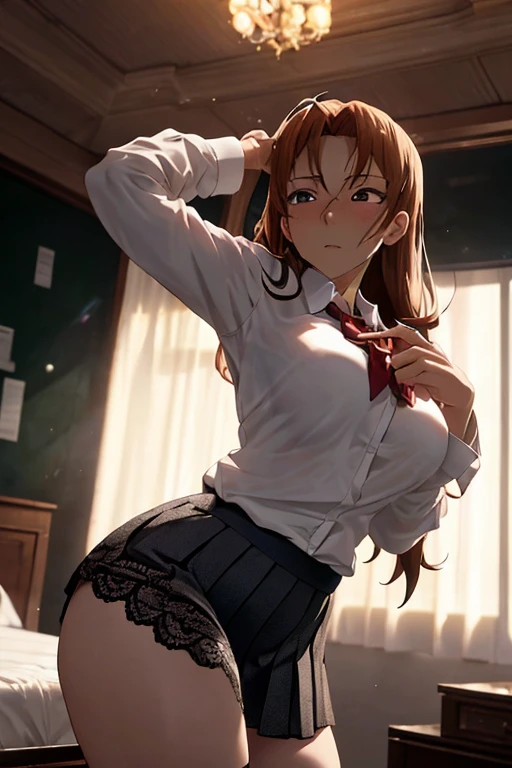 Masterpiece, Top Quality, High Resolution, Hi-Res, One Girl, Solo, Angle from Below, Skirt, Shirt,Red Hair, Long Braided Hair, Golden Eyes , White Y-shirt, Unbuttoned, Fluffy, Cleavage,Protruding, Hard, Pleated Skirt, Socks, Black Skirt, Long Sleeve, Bangs, School Uniform, Black Socks, Dress Shirt, Smile, Sweaty, Drenched, Sheer view, Sheer clothing, Wind-in-the-wind skirt, Lift up skirt, Crotch line, Hip line, White underwear, Panty shots, Beautiful leg line, Water droplets running down your feet, Drenched lower body, Wet waist, Excess crotch droplets, Three-dimensional feeling of body parts, Exposed undergarment, Realistic skin texture, Focused on feet, Kneeling, Knees spread, Bright room, Finger shifting panties position, lighting from below, bitten panties