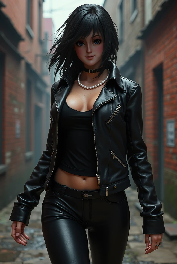 Black hair, caucasian, pale skin, perfect boobs, cleavage, short black tank top, black leggings, midriff, ((ankh symbol necklace)), park