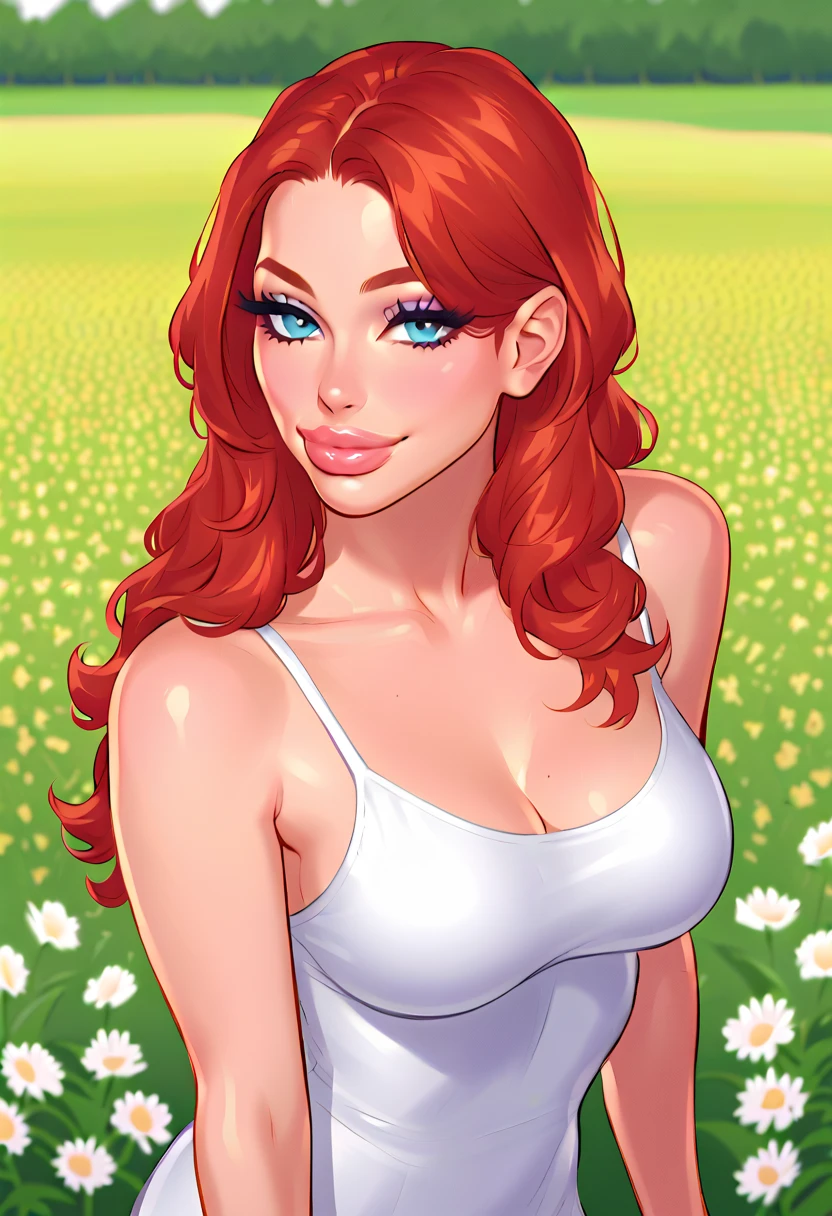photo of 1girl playfully posing, looking at viewer, wearing a colorful flower pattern dress,  
[ Nina Dobrev | Sophie Ellis-Bextor ], naughty smile, redhead hair loose waves, cleavage, dark blue eyes, detailed iris, playful, 

outside, garden, summer, green, flowers, detailed background, (closeup, extreme closeup,:1.1),

skin subsurface scattering, skin texture defects,

[(psychedelic colorful paint explosion:1.3)::0.2], secret,

realistic proportions, (analog style:0.8),

wallpaper, ultra realistic, photorealistic, sharp focus, absurdres, HDR, high contrast, photograph, instagram, photography on film, 32mm, detailed and intricate, movie still, octane render, film, kodak, kodachrome portrait, 8K, highly-detailed,