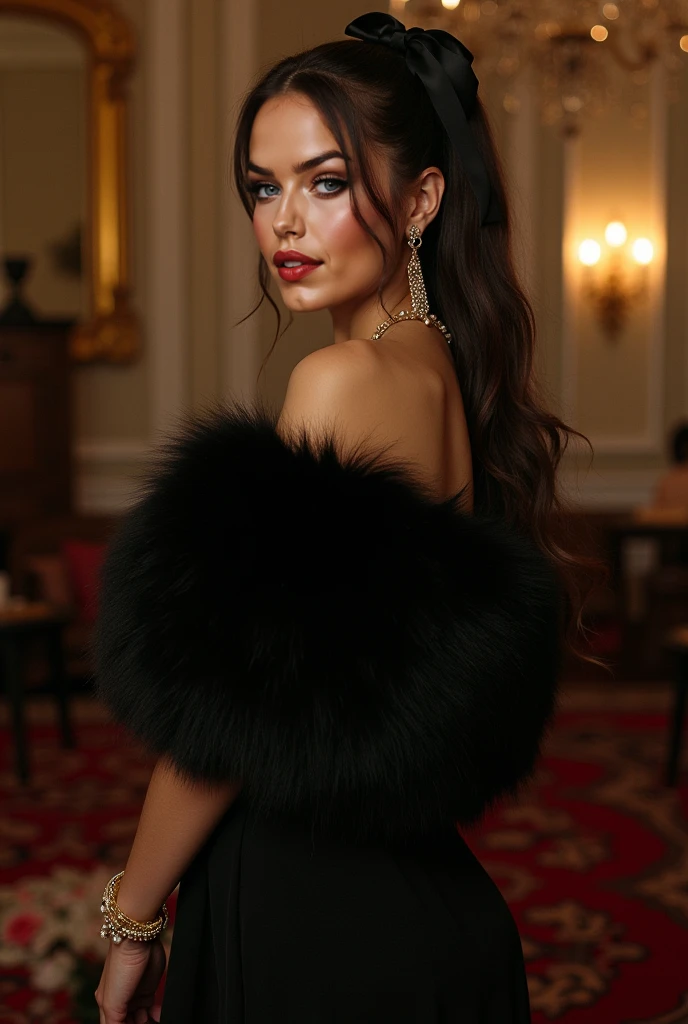 A beautiful girl wears a glamorous evening gown with sequin embellishments, paired with opera-length gloves and a fur stole. Ambient: The opera house is decorated with classic winter accents. The orchestra plays beautiful melodies as attendees enjoy an evening of cultural sophistication. She has a long brown silky hair, big brown eyes, beautiful face, bright facial skin, beautiful hand, impressionless, very beautiful Instagram model, realistic image. Dynamic composition, motion, ultra - detailed, incredibly detailed, a lot of details, amazing fine details and brush strokes, smooth