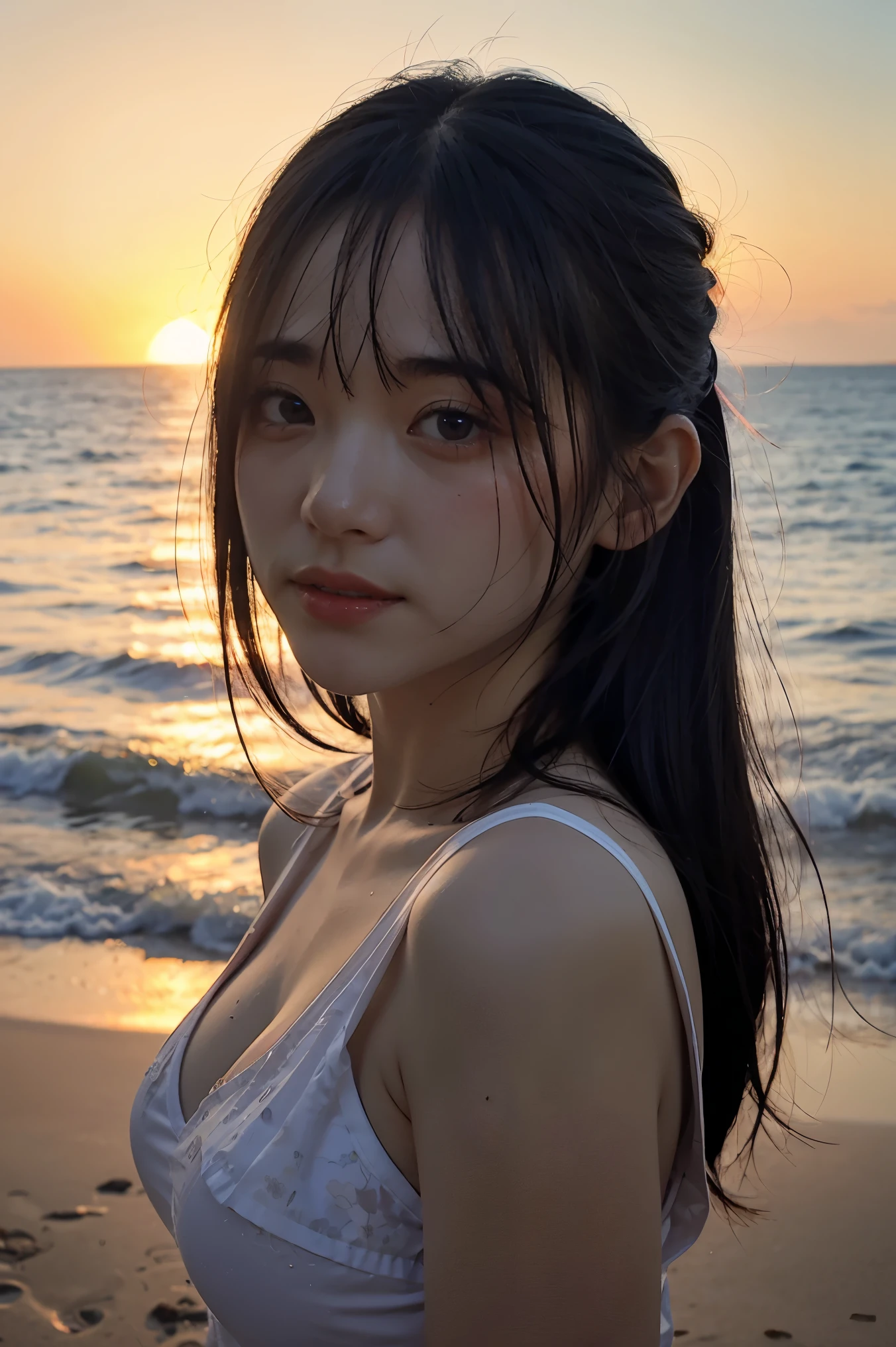 8K、-yeld beiful girl、detailed beautiful faces、up of face、sleeveless、Entering the sea up to the chest、the setting sun