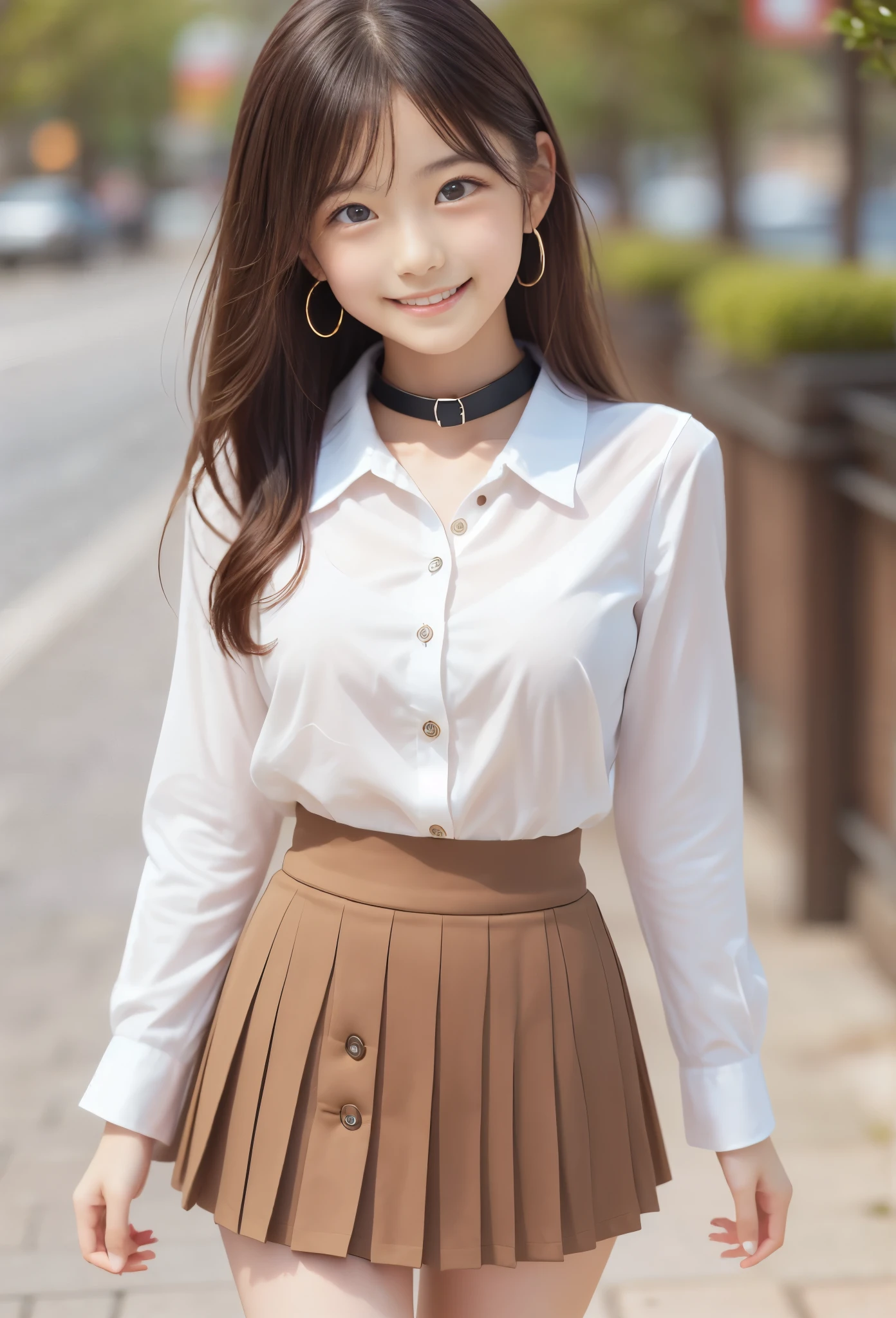 masterpiece, Highest Quality, photorealistic, ultra detail, fine-grained, high resolution, 8k Wallpaper, 1 beautiful woman,, Light brown beautifully flowing hair, white squish business blouse, perfect dynamic composition, beautifully detailed eyes, detailed hair, exquisite realistic skin texture, smile, close-up portrait from the side, Model Body Type 、((very long brown hair:1.2))、((loose hair :1.2)),((はにかんだsmile:1.3)),((necklace_earrings)), full body shot 、(((Full Body Supermodel Standing, full body shot , Show full body ))),((white long sleeve button up blouse_ with collar_Delete up to the second button_ wide open chest、black pleated mini skirt :1.3)),((smileで_I'm walking towards here,_ Long Hair Fluttering :1.3))