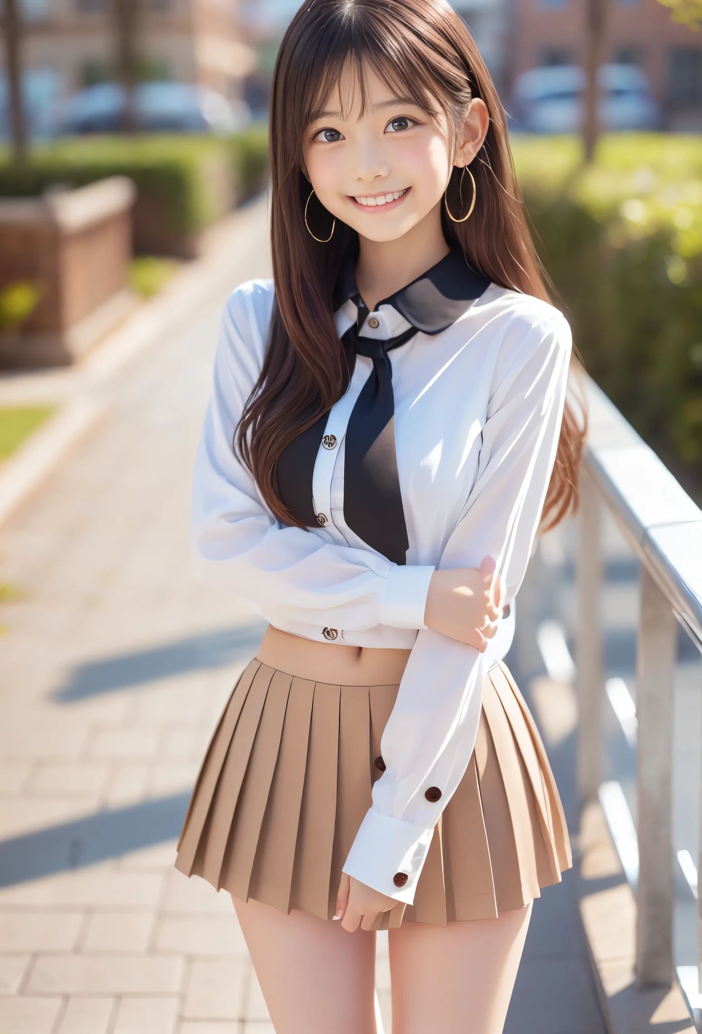 masterpiece, Highest Quality, photorealistic, ultra detail, fine-grained, high resolution, 8k Wallpaper, 1 beautiful woman,, Light brown beautifully flowing hair, white squish business blouse, perfect dynamic composition, beautifully detailed eyes, detailed hair, exquisite realistic skin texture, smile, close-up portrait from the side, Model Body Type 、((very long brown hair:1.2))、((loose hair :1.2)),((はにかんだsmile:1.3)),((necklace_earrings)), full body shot 、(((Full Body Supermodel Standing, full body shot , Show full body ))),((white long sleeve button up blouse_ with collar_Delete up to the second button_ wide open chest、black pleated mini skirt :1.3)),((smileで_I'm walking towards here,_ Long Hair Fluttering :1.3))