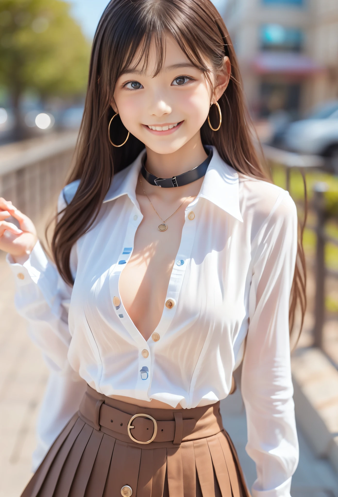 masterpiece, Highest Quality, photorealistic, ultra detail, fine-grained, high resolution, 8k Wallpaper, 1 beautiful woman,, Light brown beautifully flowing hair, white squish business blouse, perfect dynamic composition, beautifully detailed eyes, detailed hair, exquisite realistic skin texture, smile, close-up portrait from the side, Model Body Type 、((very long brown hair:1.2))、((loose hair :1.2)),((はにかんだsmile:1.3)),((necklace_earrings)), full body shot 、(((Full Body Supermodel Standing, full body shot , Show full body ))),((white long sleeve button up blouse_ with collar_Delete up to the second button_ wide open chest、black pleated mini skirt :1.3)),((smileで_I'm walking towards here,_ Long Hair Fluttering :1.3))