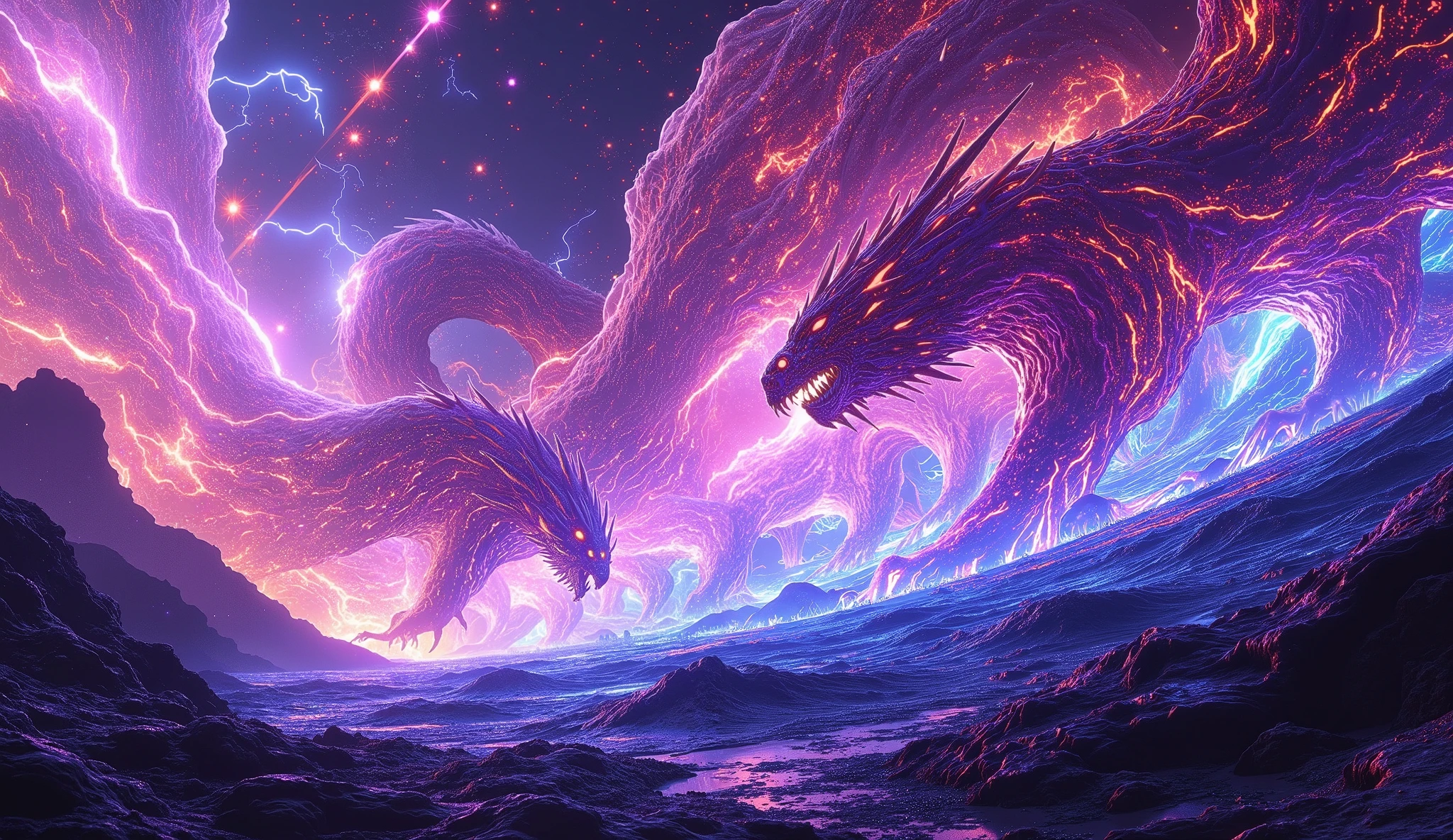 mythical beasts in a vast cosmic arena, dragons and phoenixes unleashing elemental fury against futuristic spacecraft, krakens rising from shimmering crystal seas, meteor showers lighting up deep space, ethereal magical effects, wide-angle dynamic scene, glowing highlights and deep shadows, cinematic digital painting style, masterpiece quality, vivid purples blues oranges, trending on ArtStation, ultra-high detail