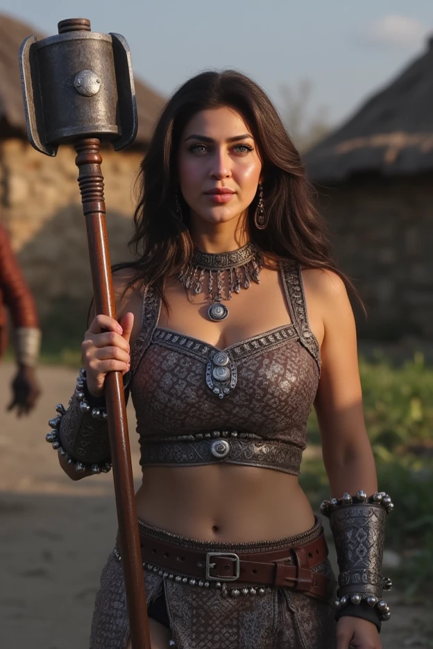 Masterpiece, Face of Anushka Shetty, a beautiful Viking woman, ((Marilyn Monroe:Michelle Pfeiffer:0.5)), (chainmail armor), (medium breasts), (perfect body), (blonde matted hair), (short hairstyle), welding a sword, outside, dirty, spattered with blood,(skin texture:1.1), best quality, ultra high res, Raw photo, Nikon D850, backlight, rimlight, bright sunlight, film grain:1.2, (warm hue, warm tone:1.2), (color photo), fantasy battlefield background