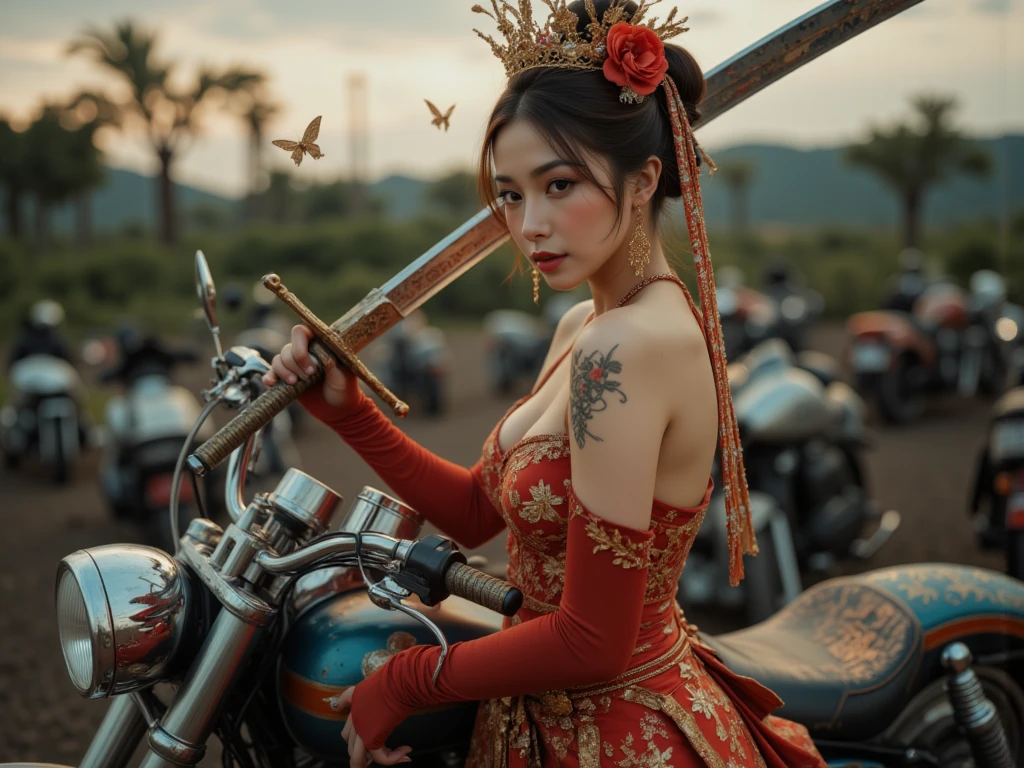 (((nffsw))), (((masutepiece))), (((8K))), (((hight resolution))), (((surrealism))), (((Cinematic lighting))), god rays, Zoom Layer, (((FULL BODYSHOT))), F/4.0, canon, Shiny skin,Detailed skin,Detailed face, Detailed eyes, Beautiful Japan Yankee Goddess, Back alley, Royal Tiara, See-through dresses, silver earing, Large Sapphire, Yankee sitting with legs spread on the street, smoking tobacco, Large Motorcycles