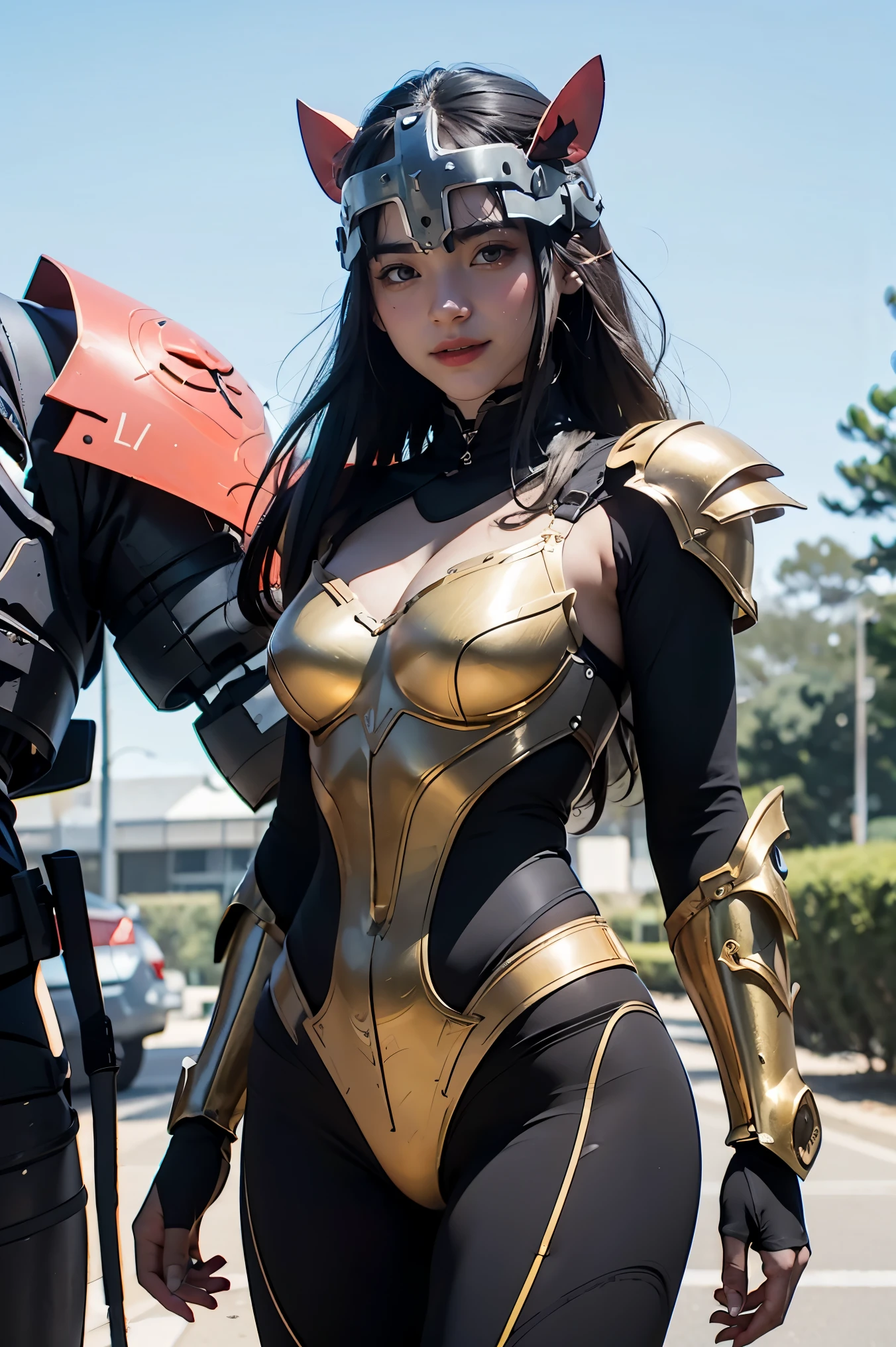 (8k, La mejor calidad, Obra maestra:1.2)Chica elegante, Una chica con pechos enormes y cola grande muslos hechizantes cuerpo completo y cola grande, Retrato de cuerpo entero, The humanoid is now mechanical., blanco, y -fi, Postapocalipsis, Ojos azul cielo, Bonito mech de estilo, Detalles extremadamente detallados, realista, negro y dorado, Hermosas piernas